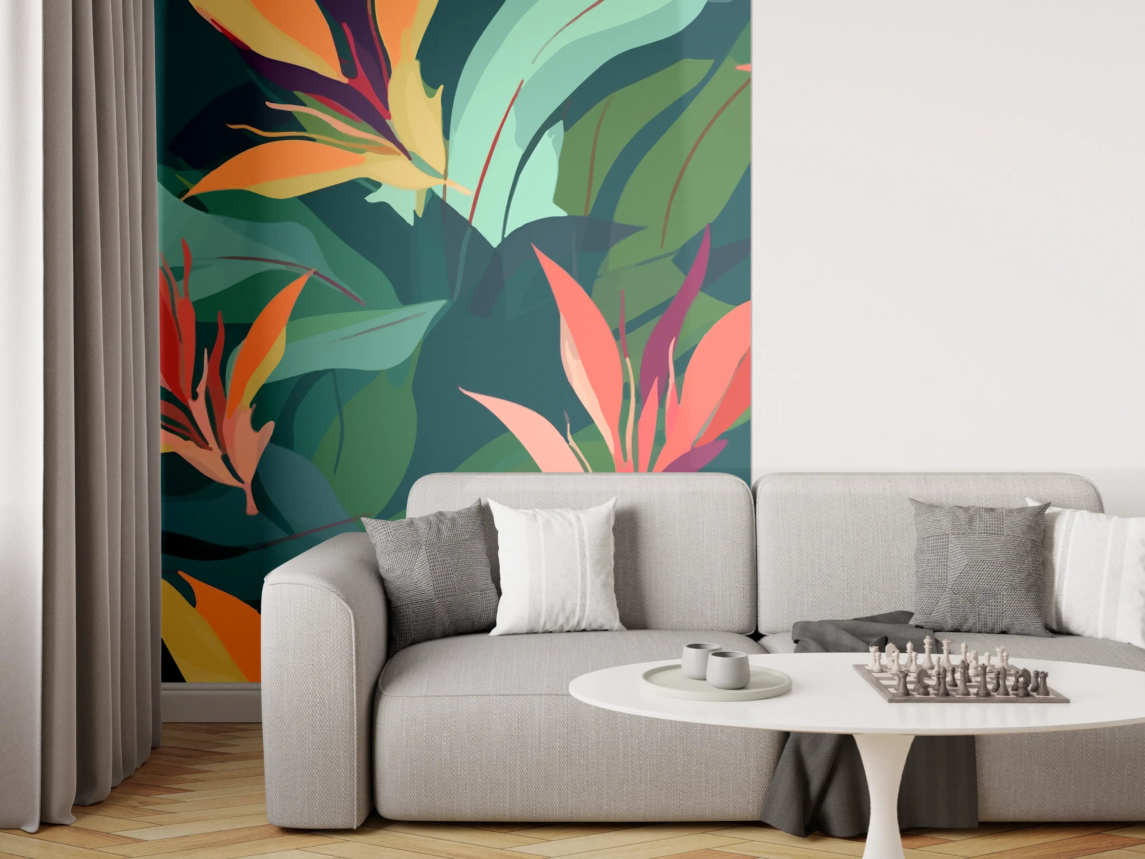 Wandverkleidung Wohnzimmer - Tropisches Blütenblattmuster Grün-Türkis