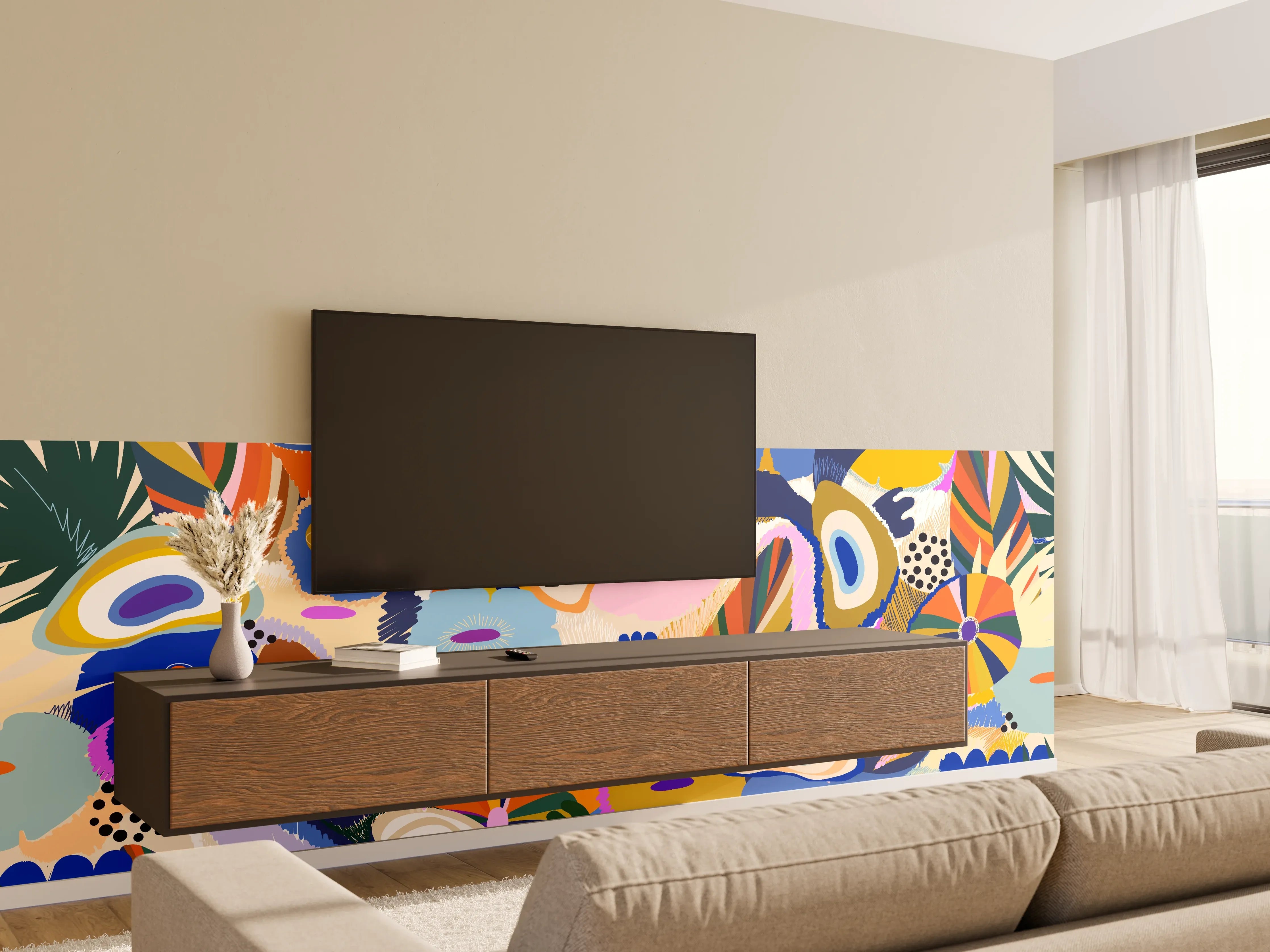 Wandverkleidung Wohnzimmer - Tropisches Blumen-Abstract Bunt