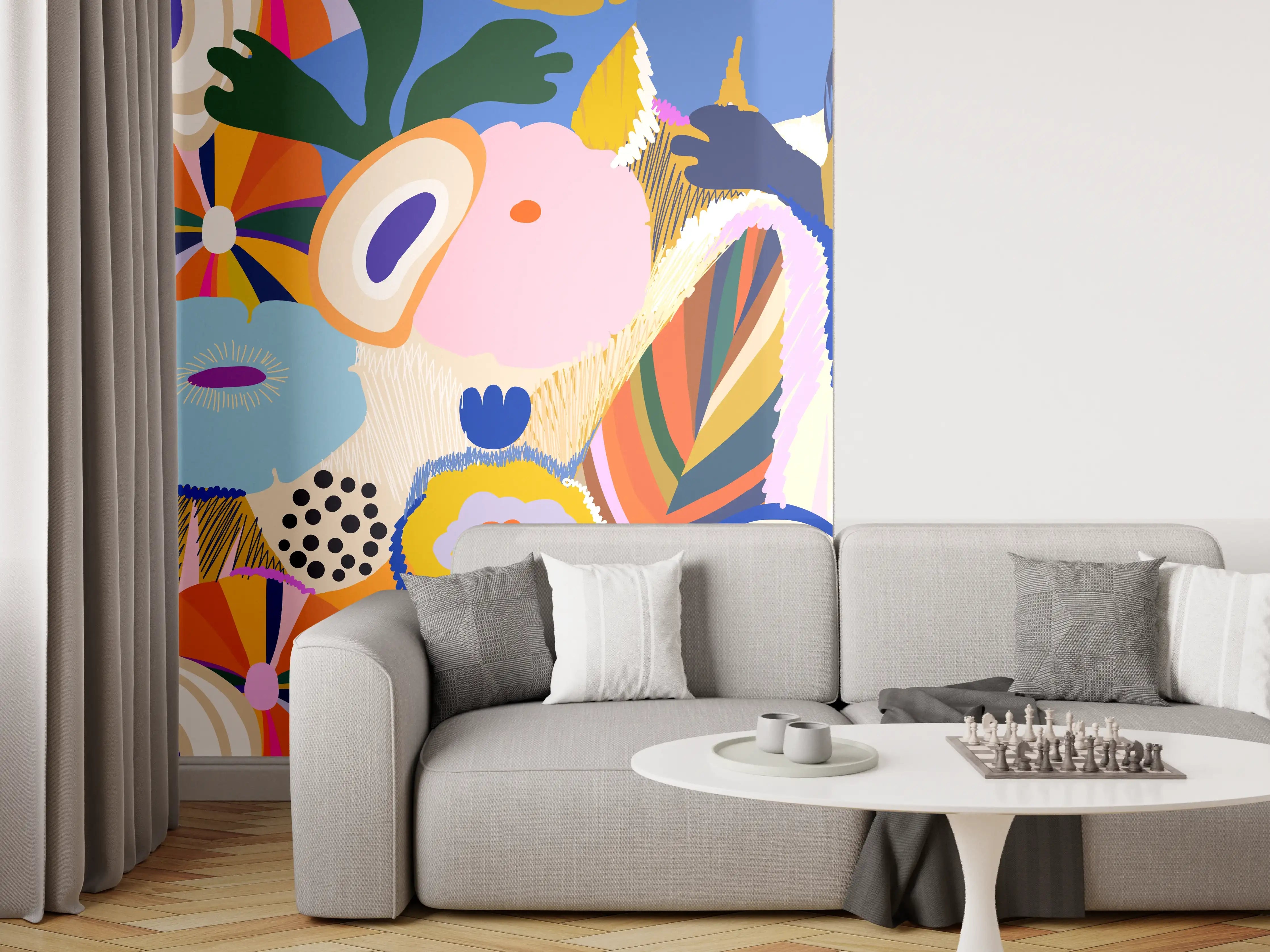 Wandverkleidung Wohnzimmer - Tropisches Blumen-Abstract Bunt