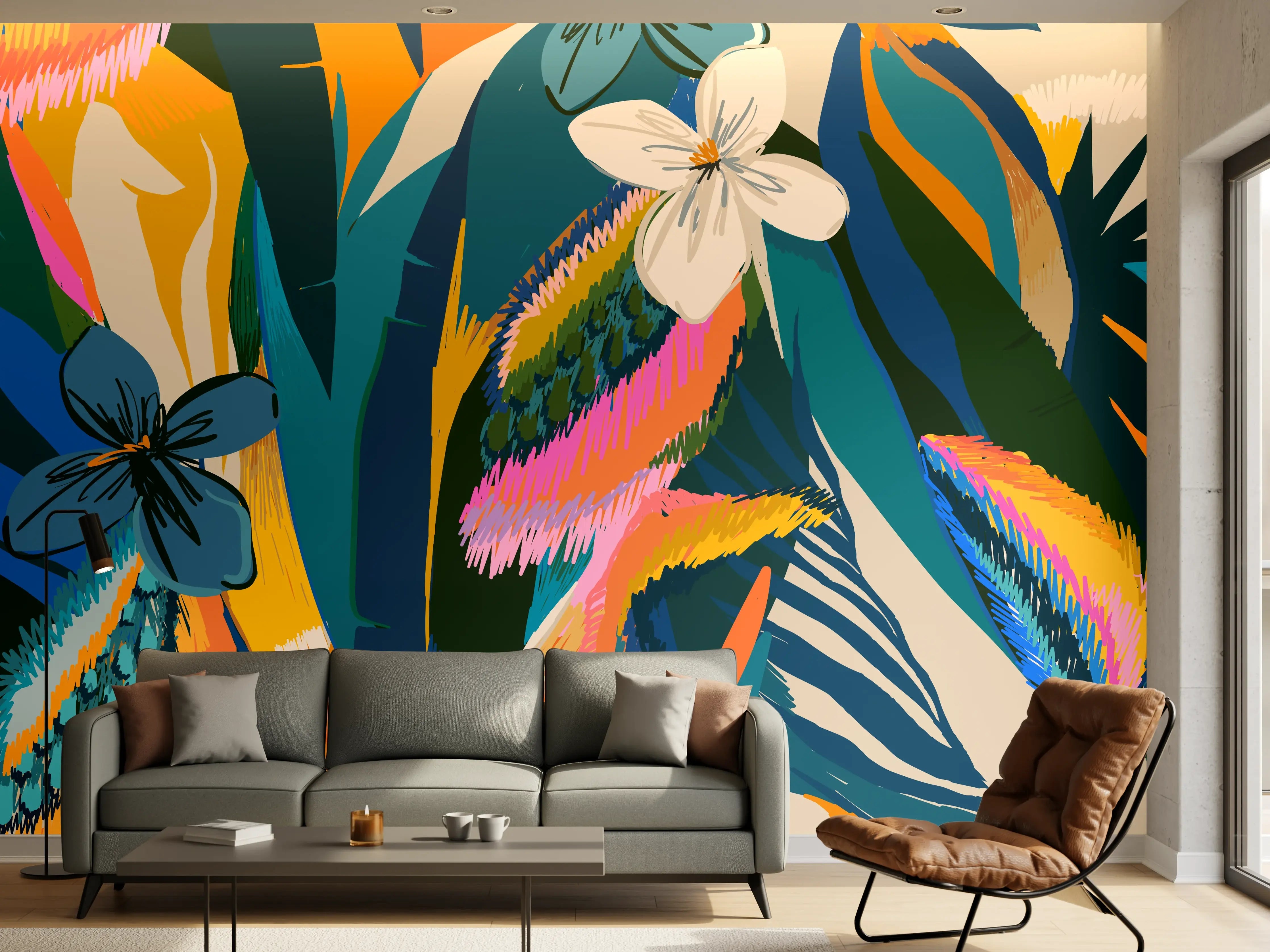 Wandverkleidung Wohnzimmer - Tropisches Blumenmuster Blau-Orange