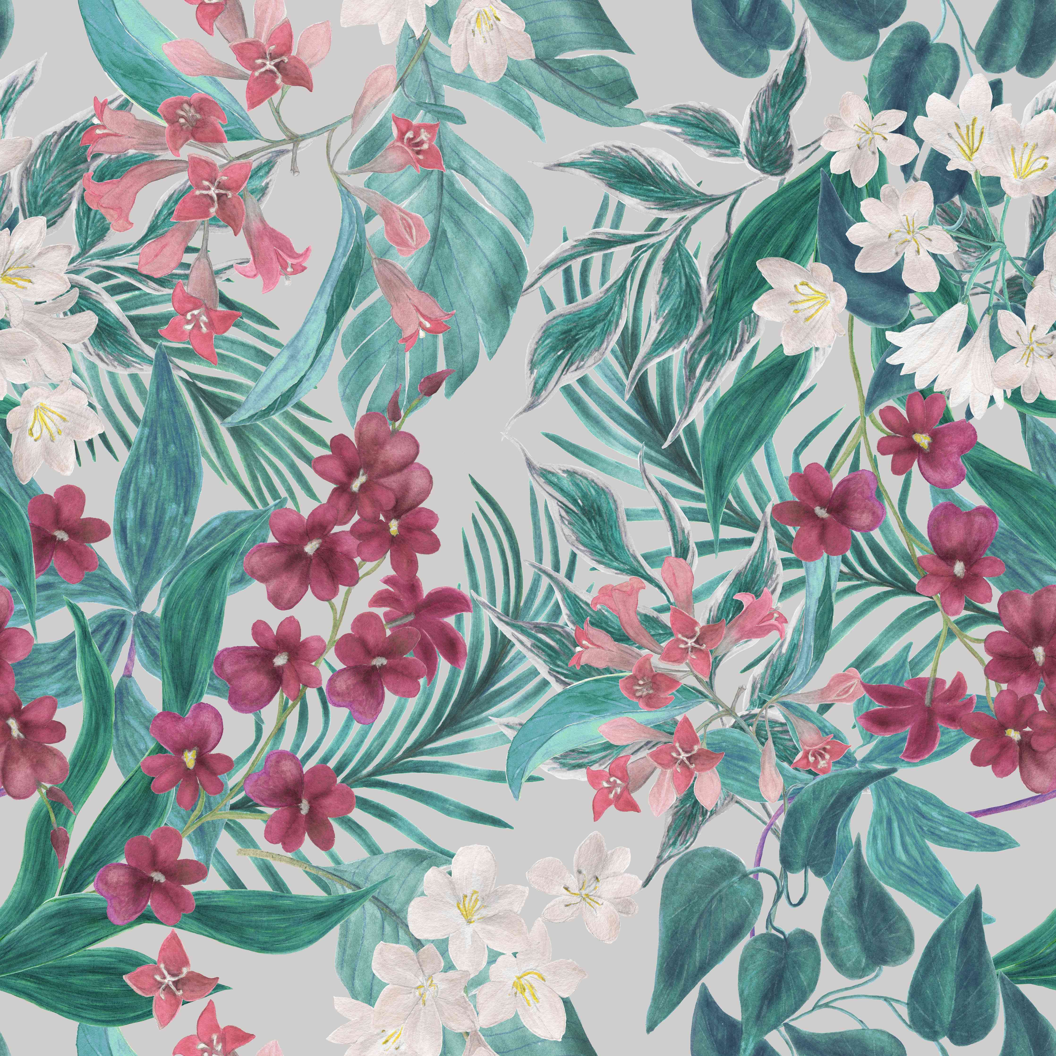 Wandverkleidung Wohnzimmer-Tropisches Blumenmuster Rosa-Grau