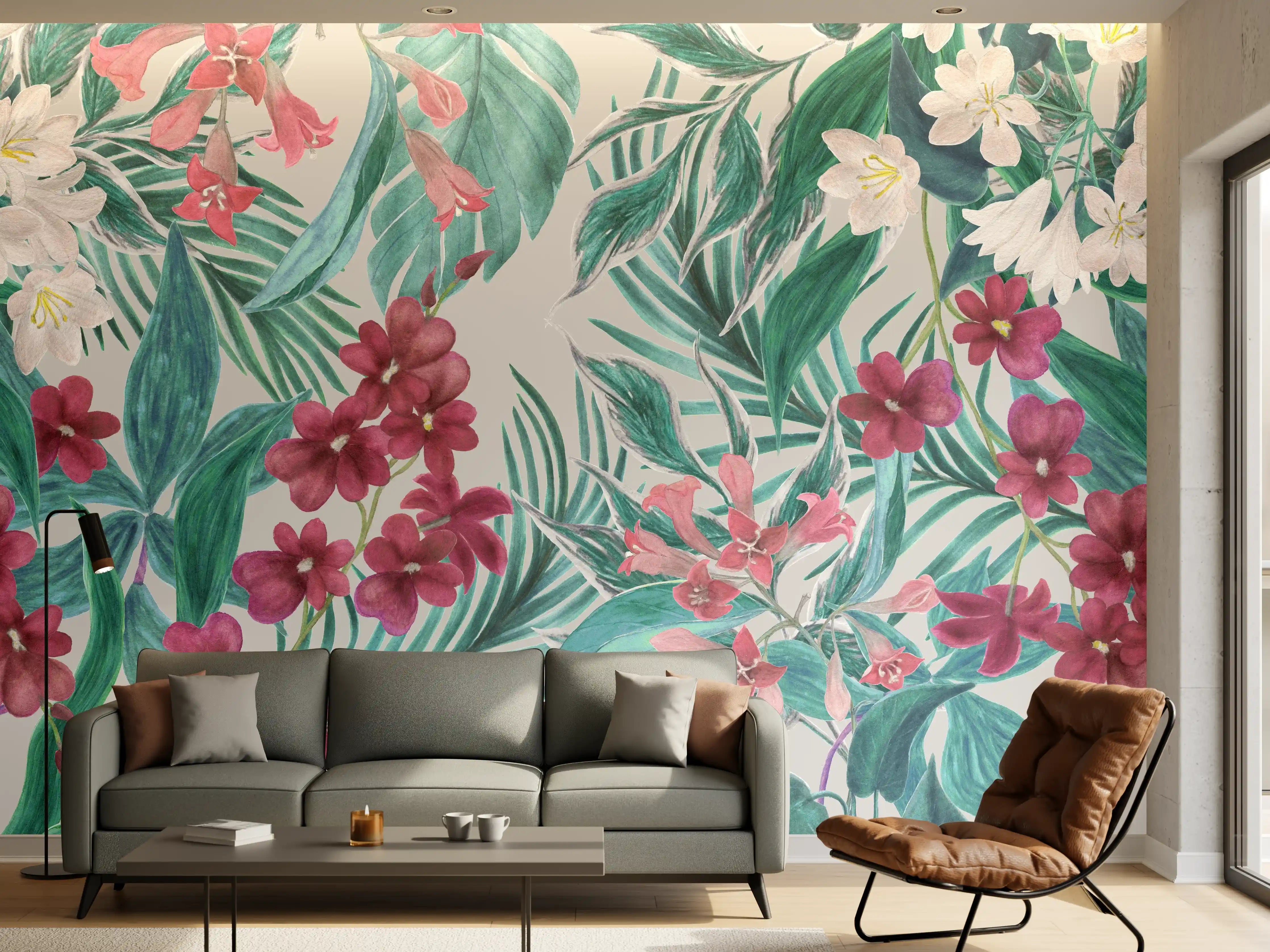 Wandverkleidung Wohnzimmer - Tropisches Blumenmuster Rosa-Grau