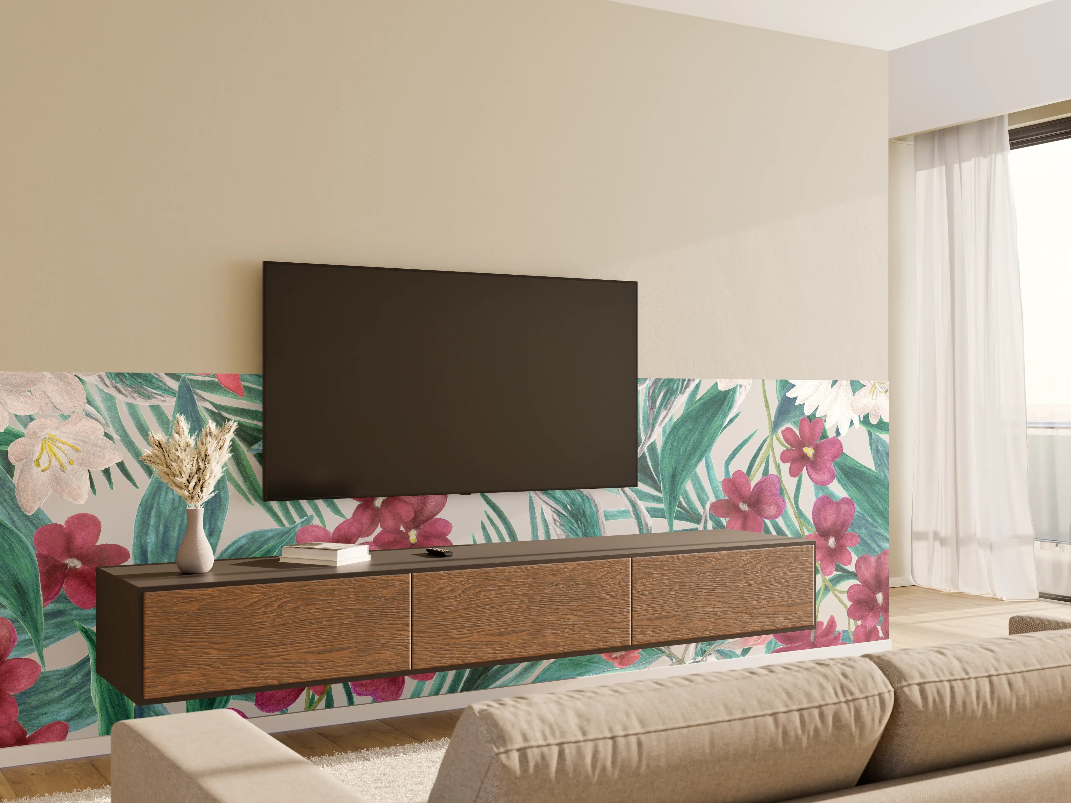 Wandverkleidung Wohnzimmer - Tropisches Blumenmuster Rosa-Grau