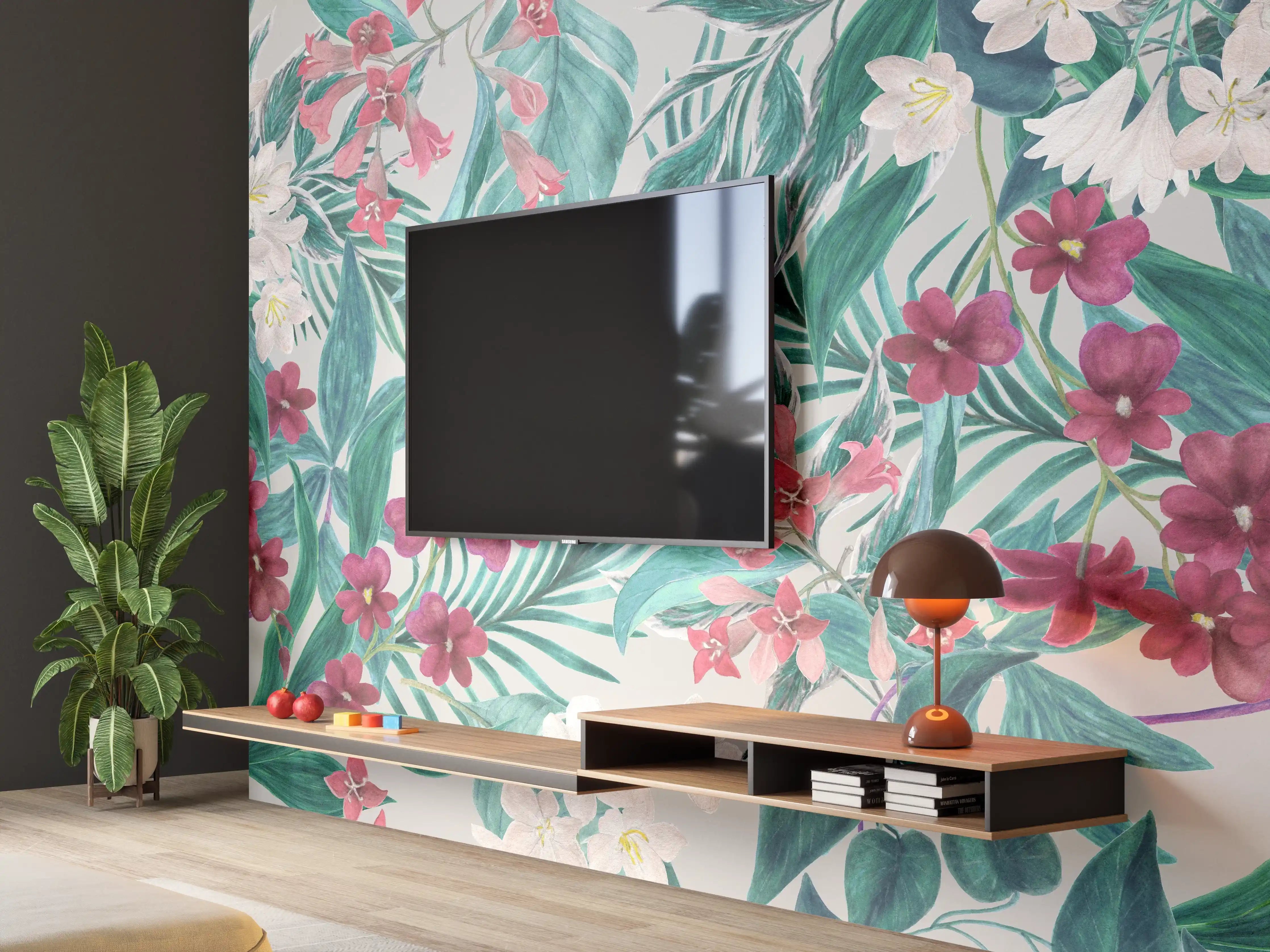 Wandverkleidung Wohnzimmer - Tropisches Blumenmuster Rosa-Grau