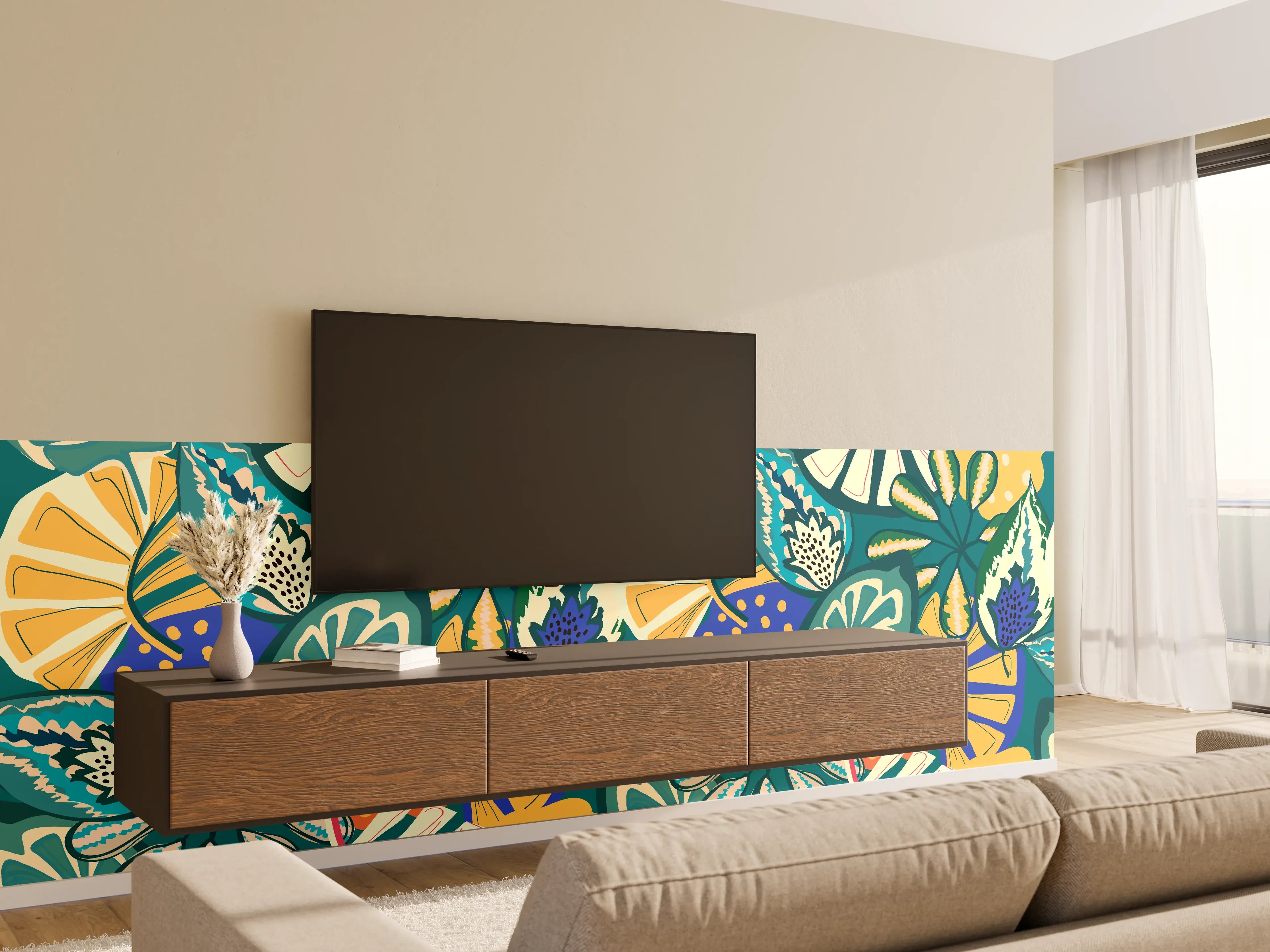 Wandverkleidung Wohnzimmer - Tropisches Blumenmuster Türkis
