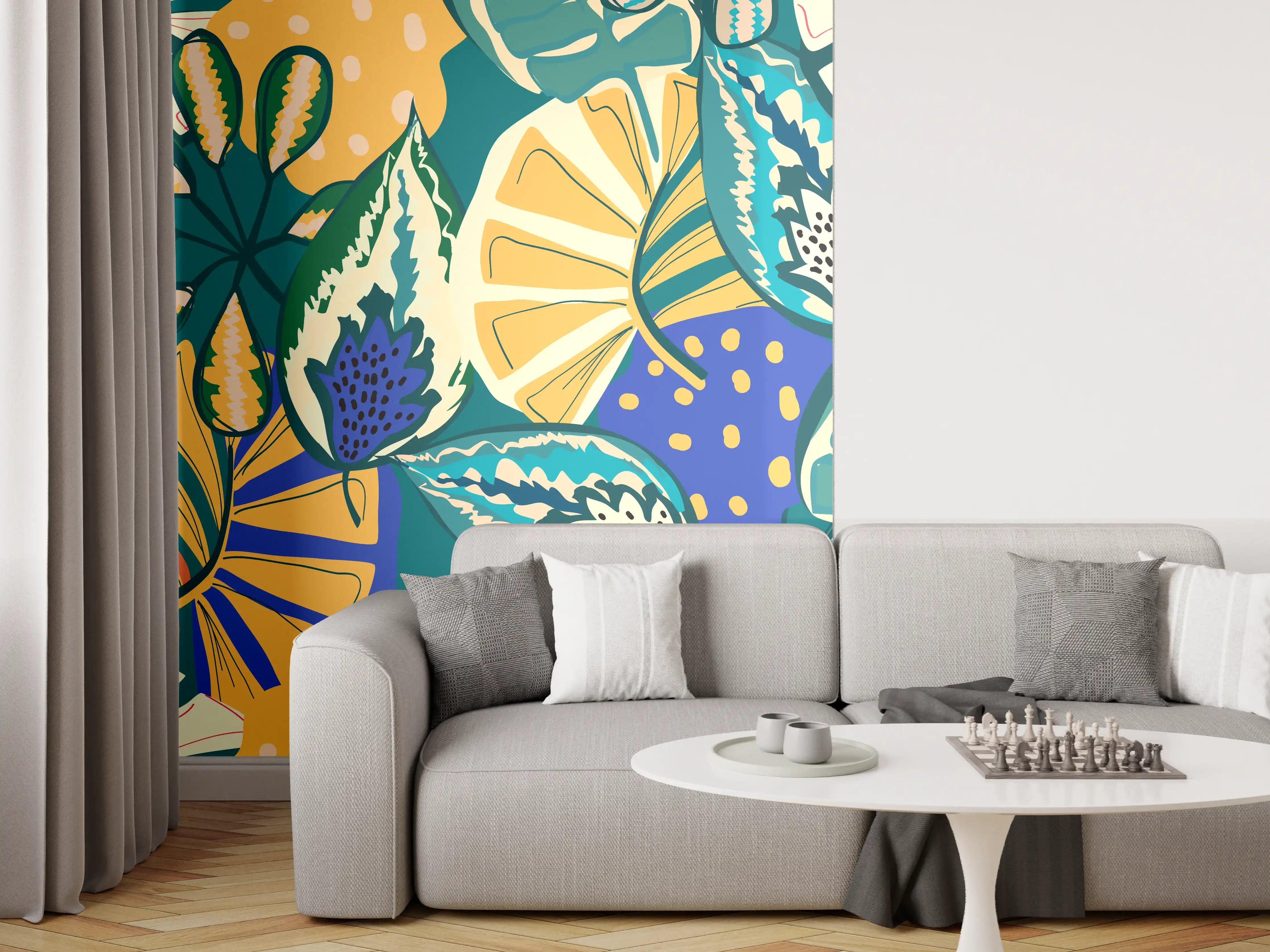 Wandverkleidung Wohnzimmer - Tropisches Blumenmuster Türkis