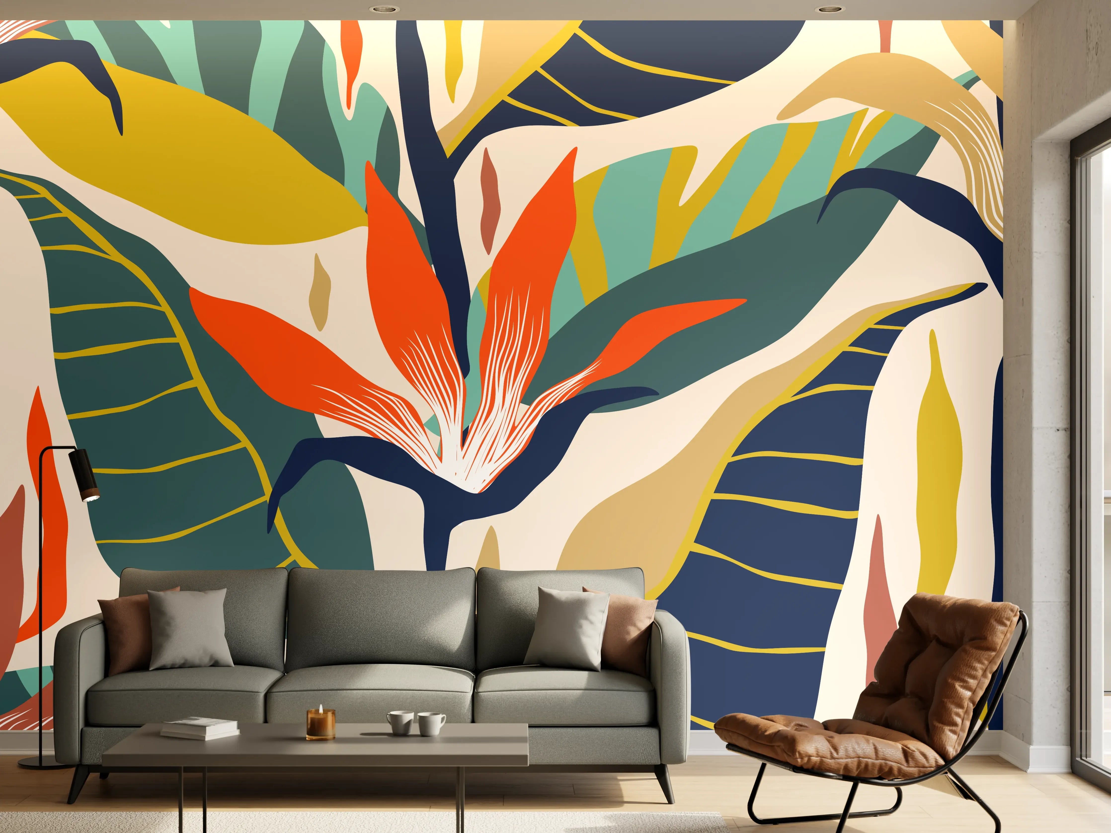 Wandverkleidung Wohnzimmer - Tropisches Botanik-Muster Blau-Gelb