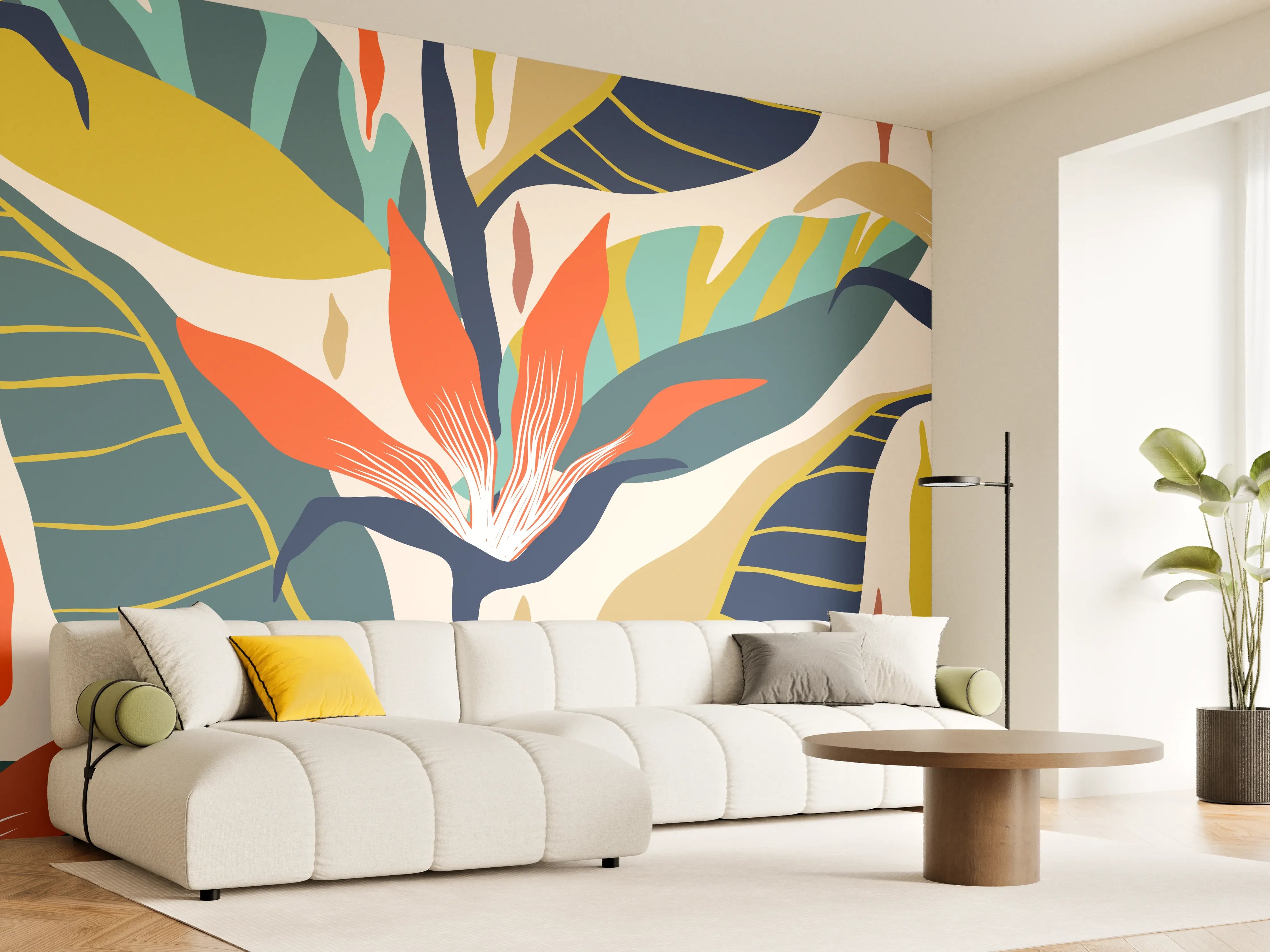 Wandverkleidung Wohnzimmer - Tropisches Botanik-Muster Blau-Gelb