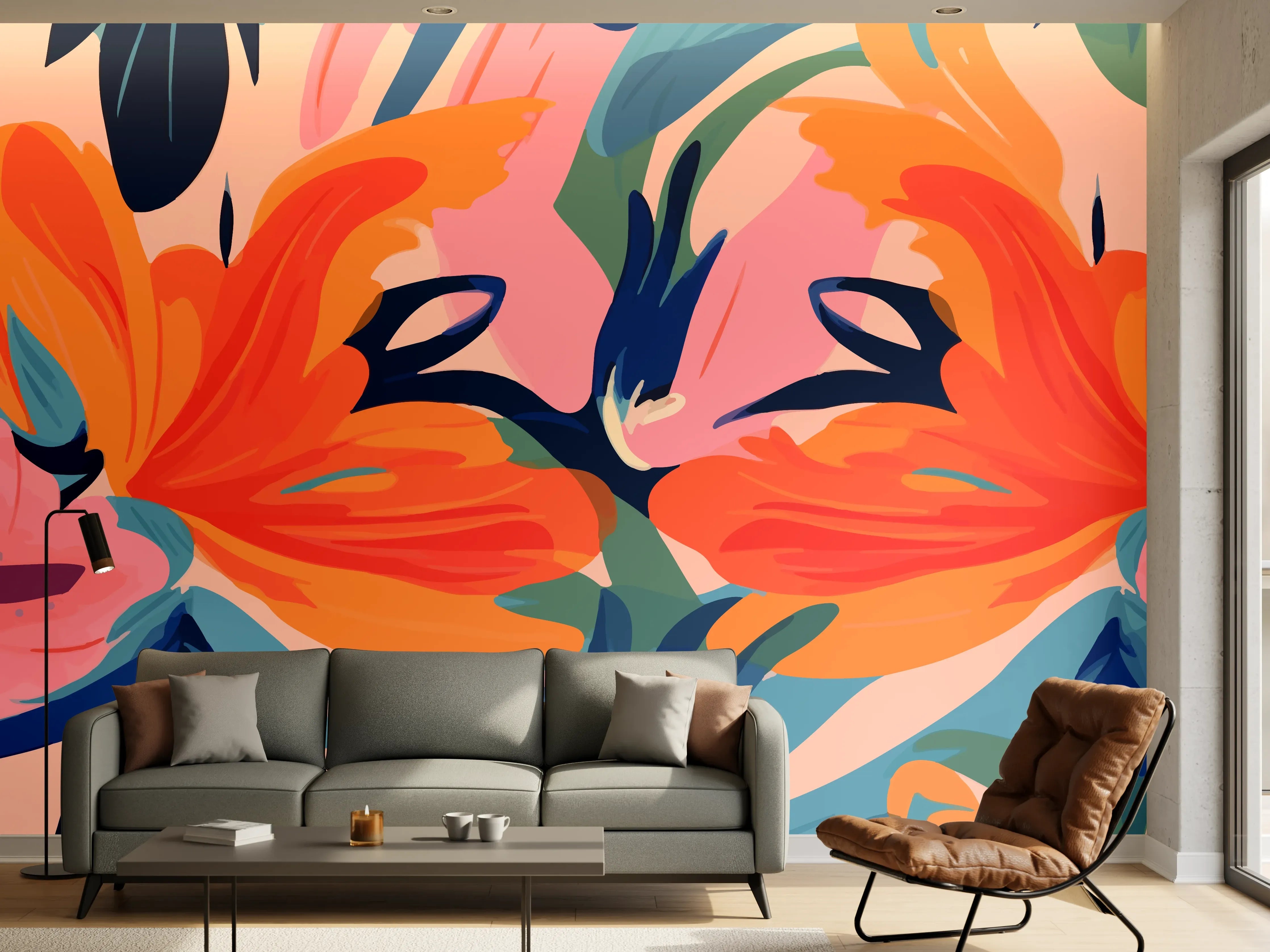 Wandverkleidung Wohnzimmer - Tropisches Dämmerungs-Blumenmuster