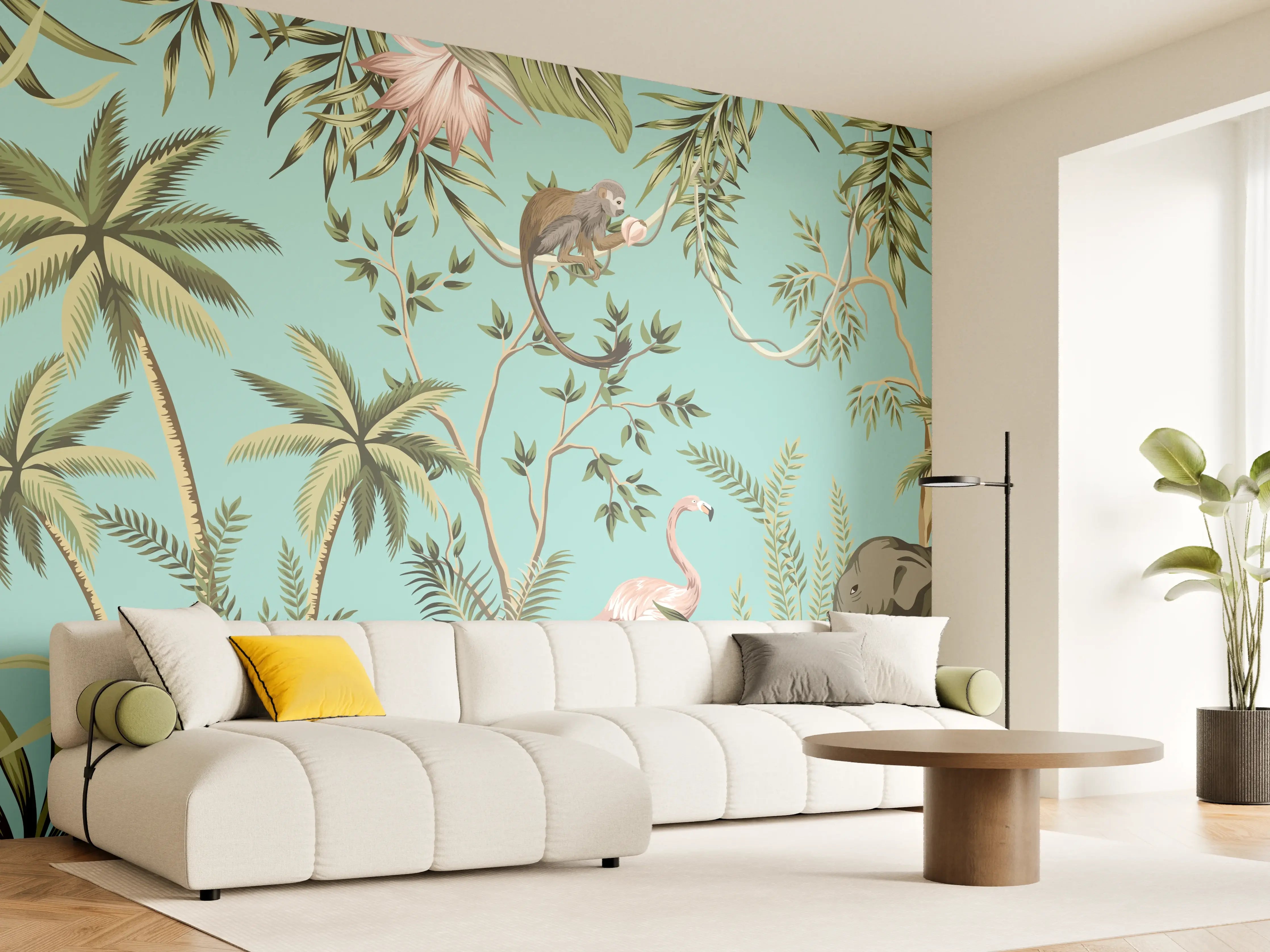 Wandverkleidung Wohnzimmer - Tropisches Flair Stoffdesign