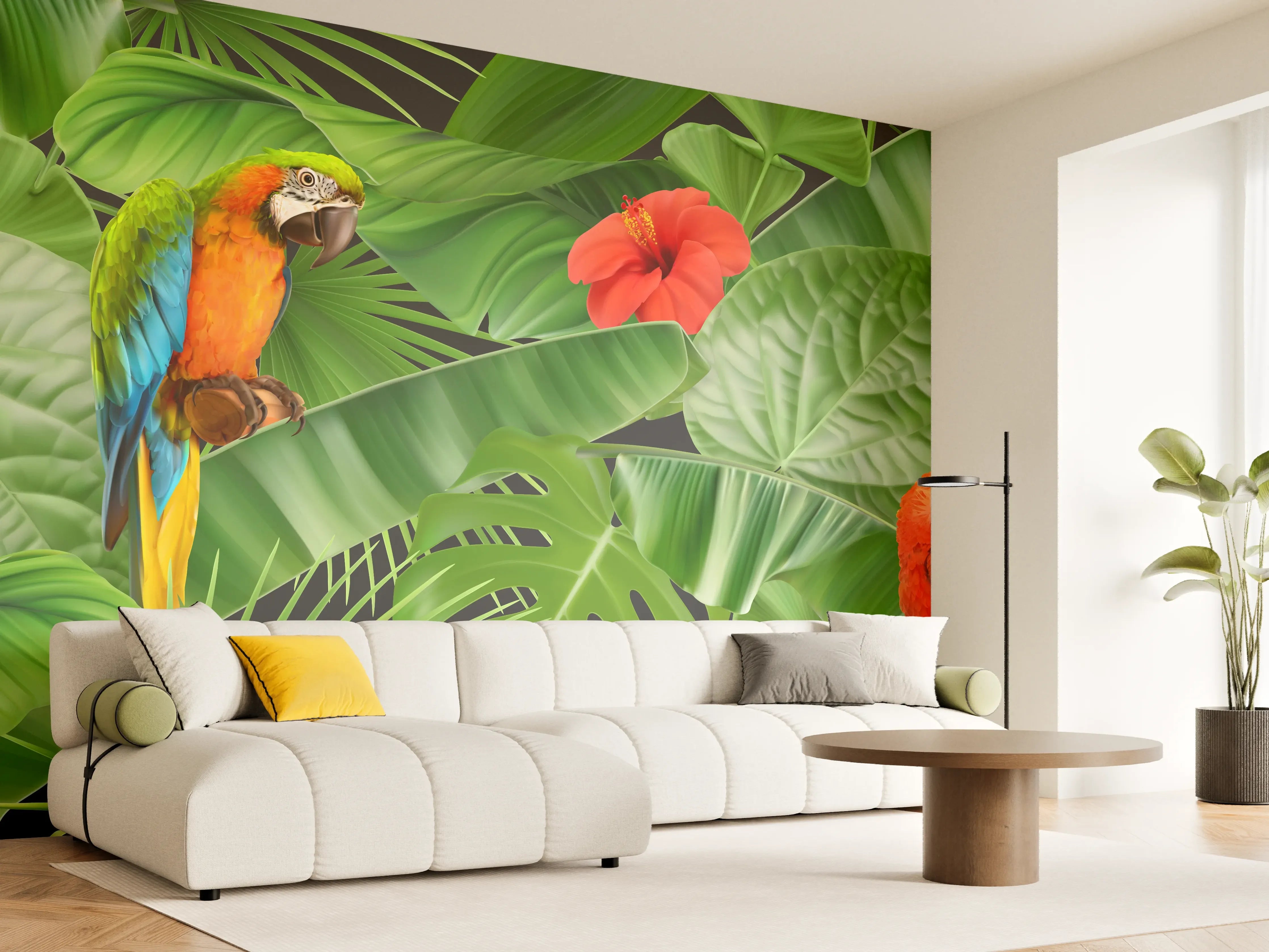 Wandverkleidung Wohnzimmer - Tropisches Papagei-Motiv
