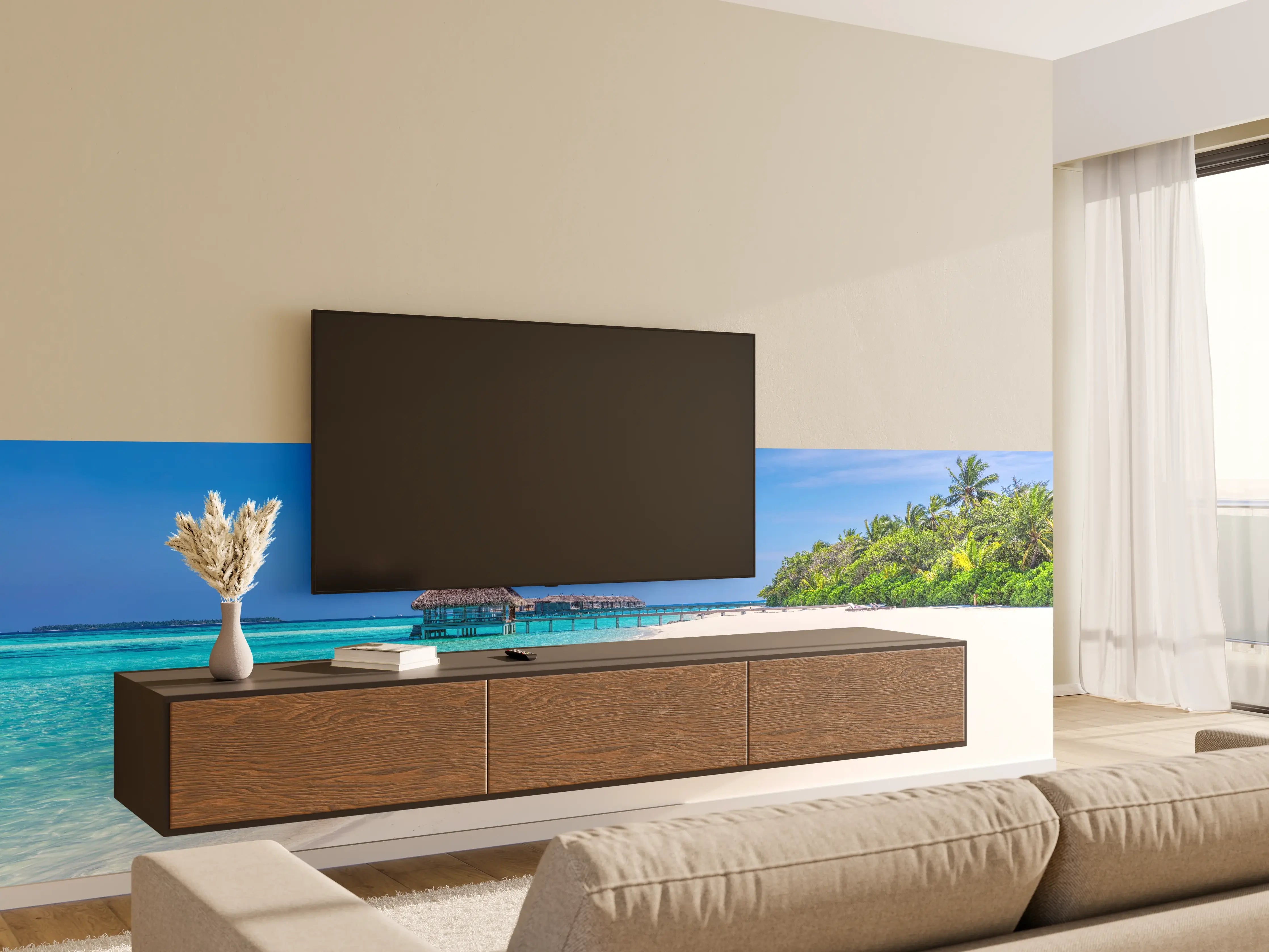 Wandverkleidung Wohnzimmer - Tropisches Paradies am weißen Sandstrand