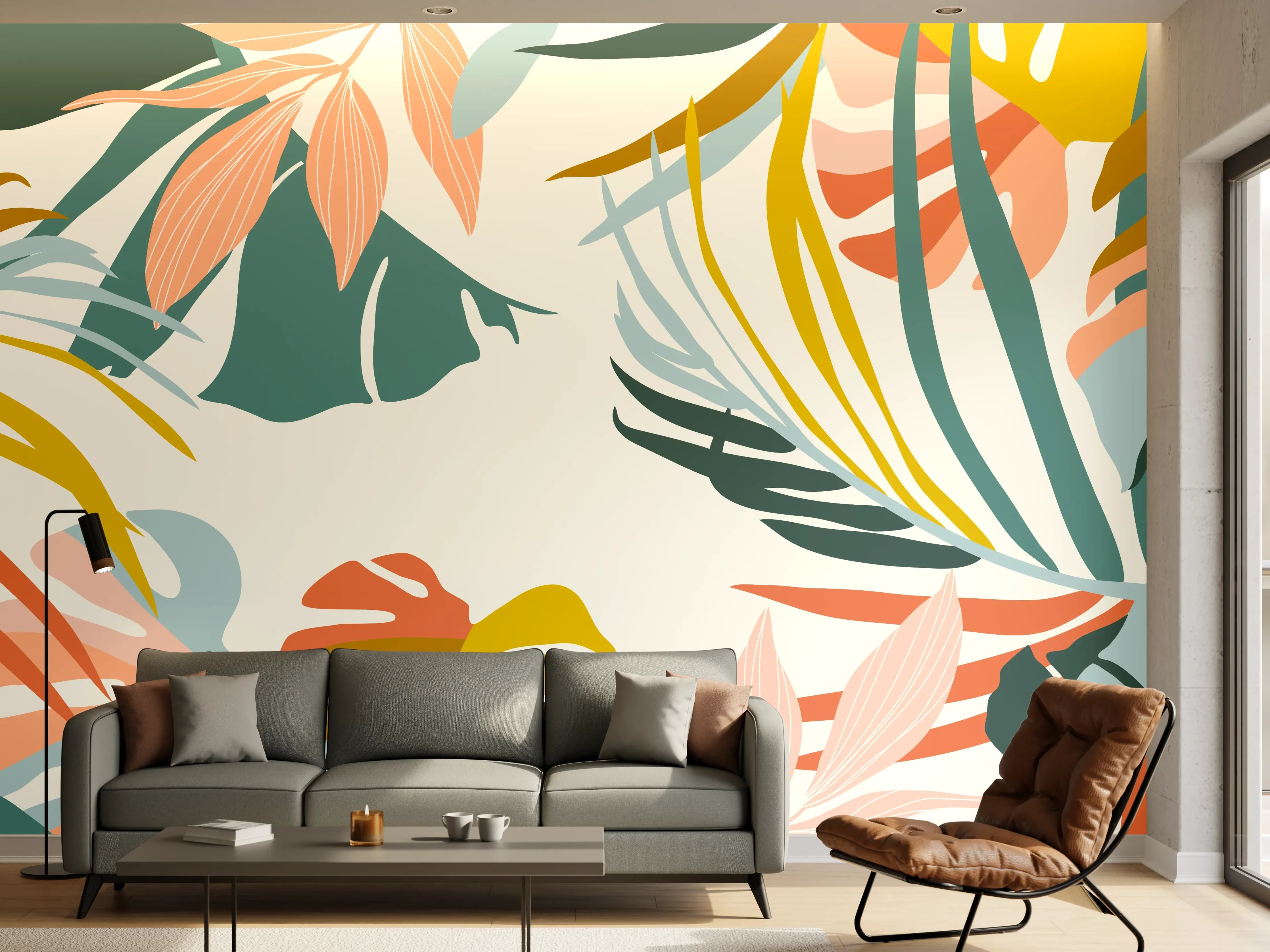 Wandverkleidung Wohnzimmer - Tropisches Pflanzenmuster Pastell
