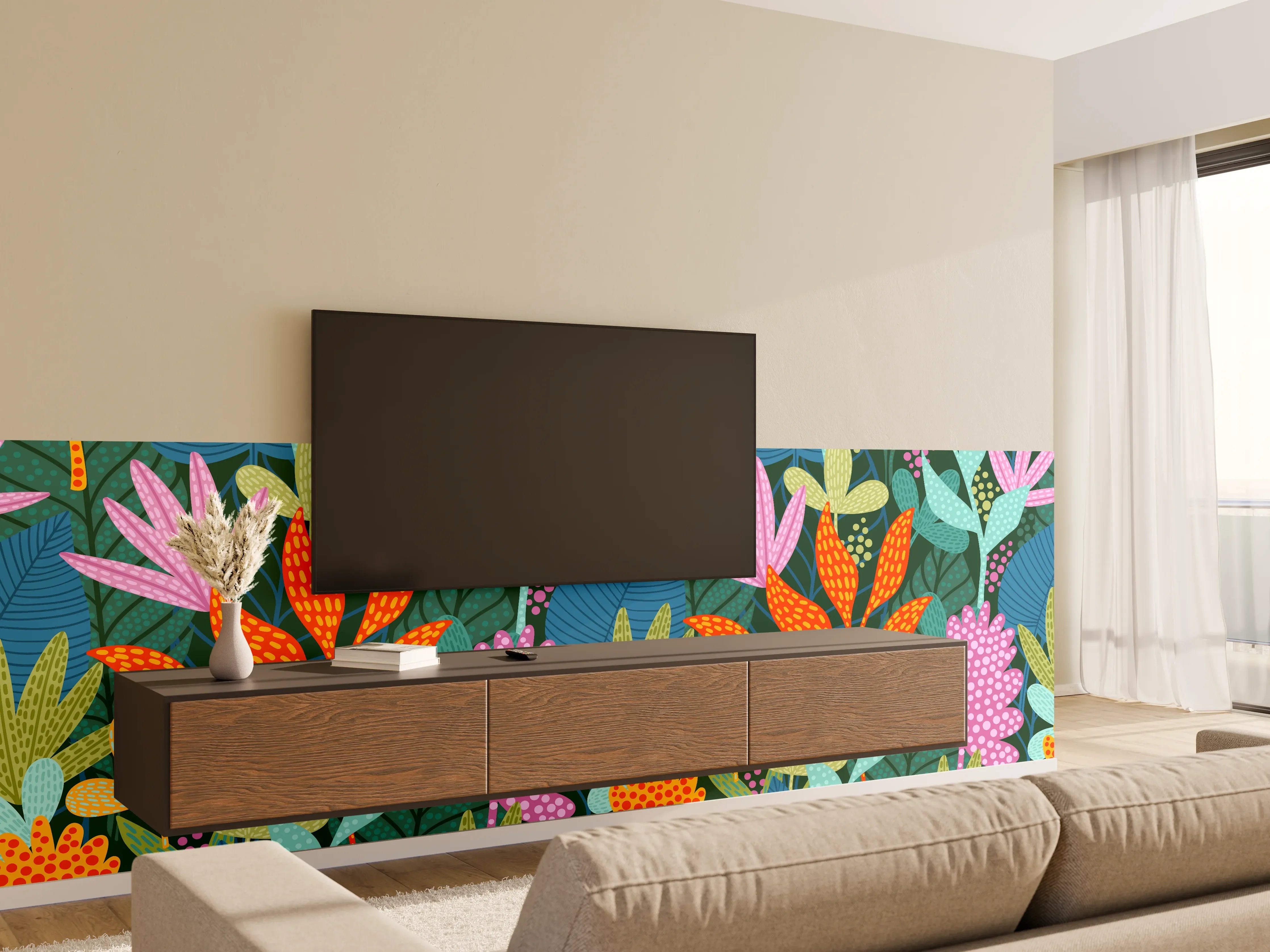Wandverkleidung Wohnzimmer - Tropisches Pflanzenmuster