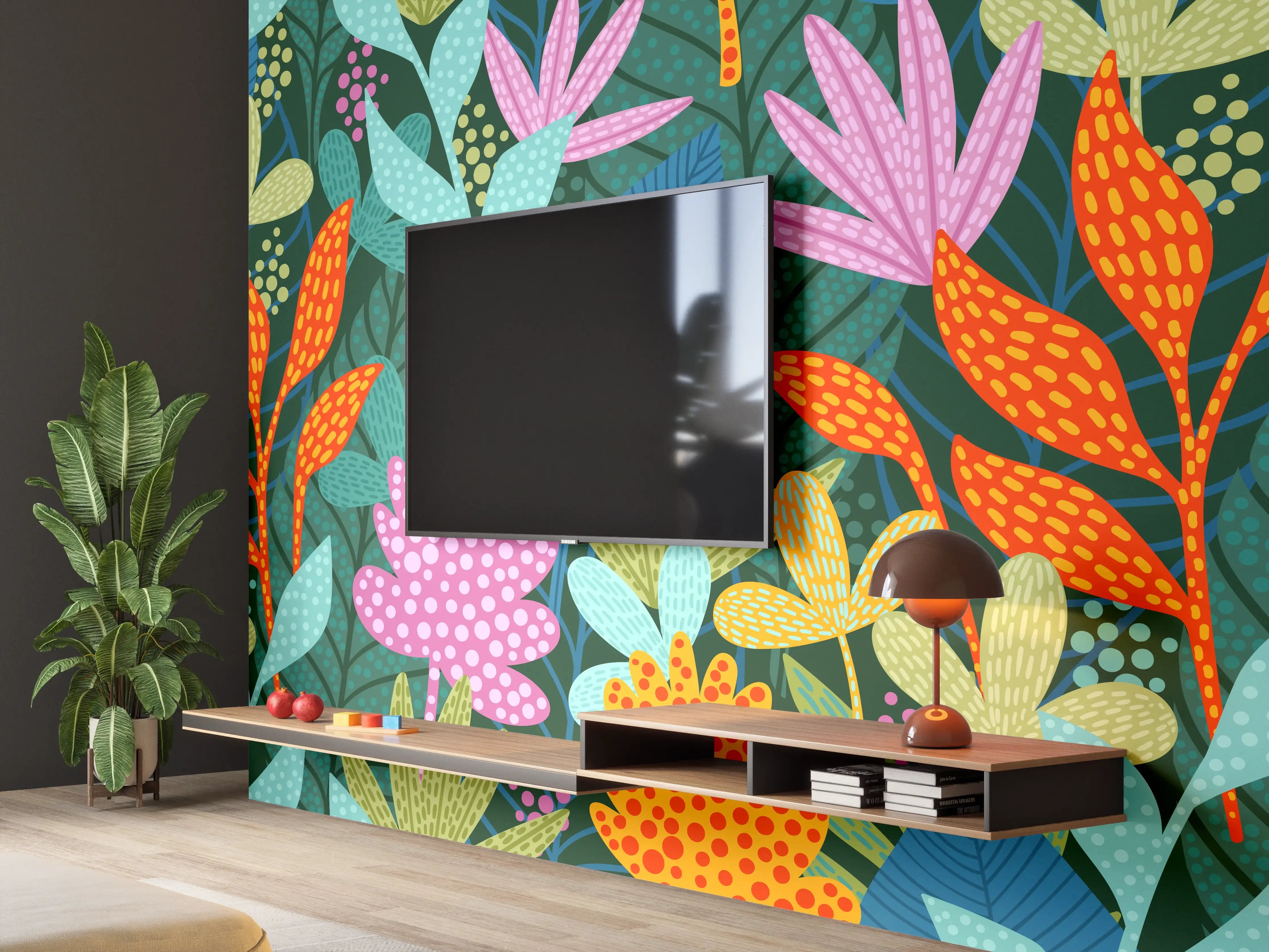 Wandverkleidung Wohnzimmer - Tropisches Pflanzenmuster