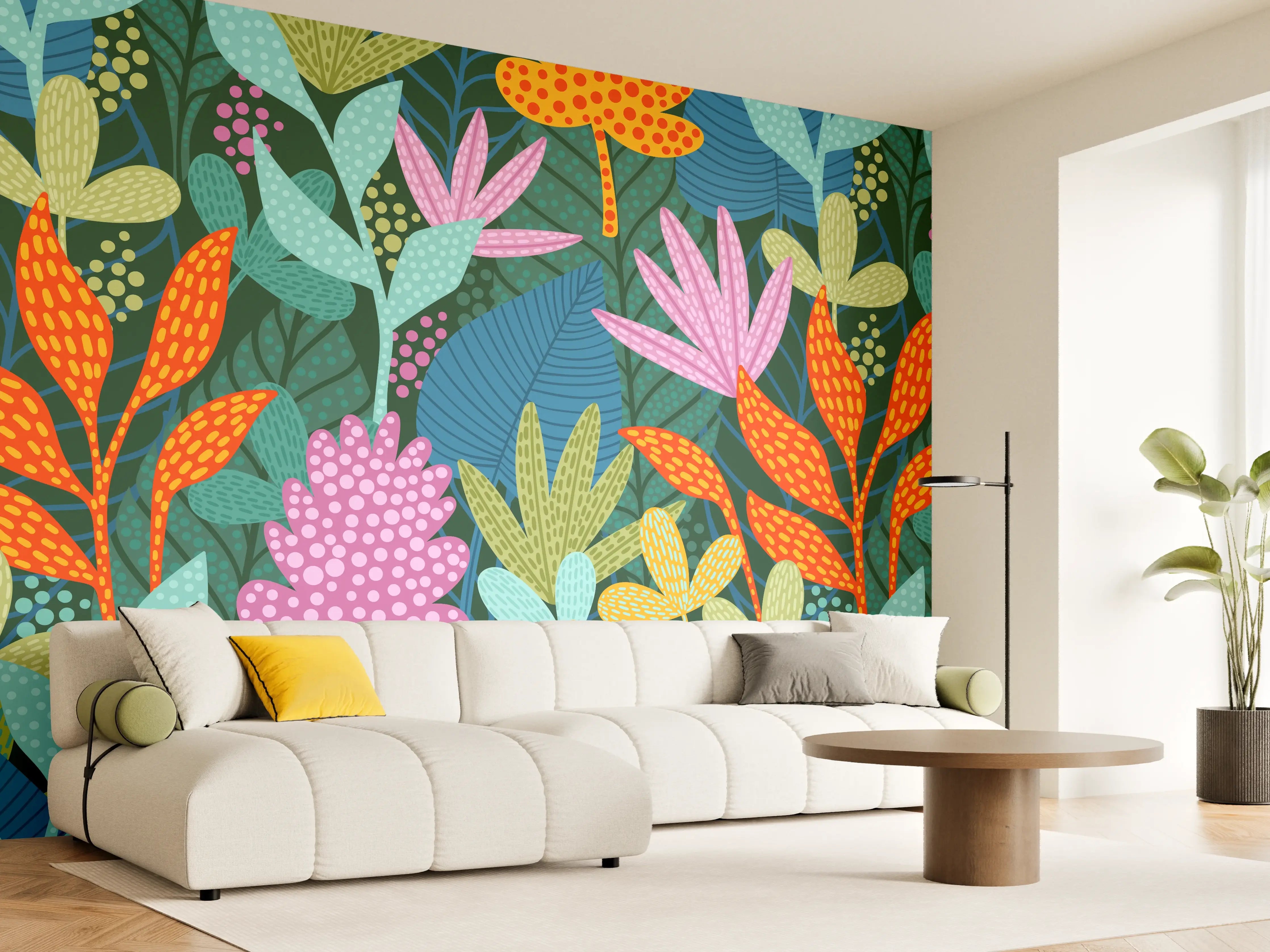 Wandverkleidung Wohnzimmer - Tropisches Pflanzenmuster