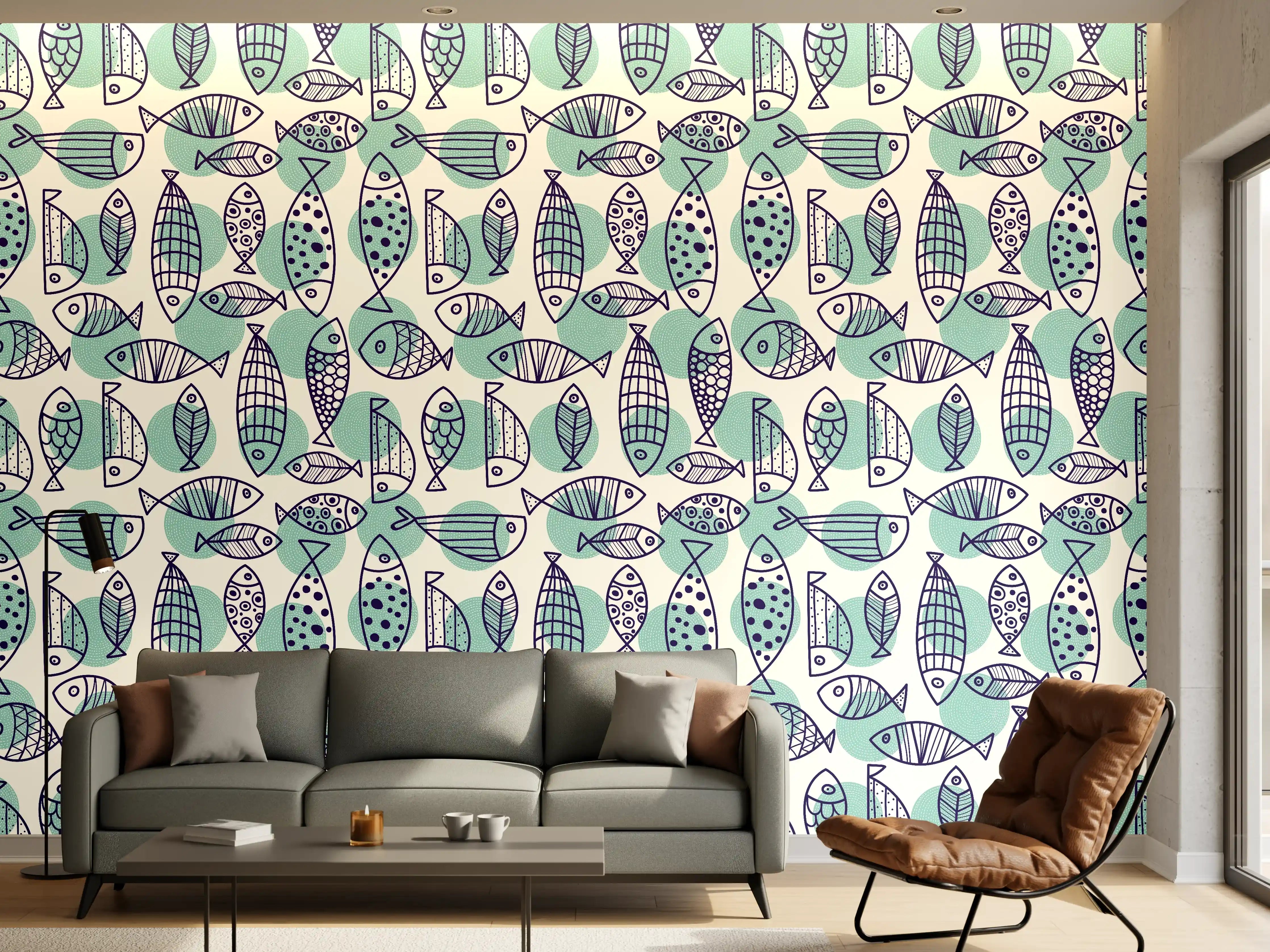 Wandverkleidung Wohnzimmer - Türkis-Blau Fischmuster
