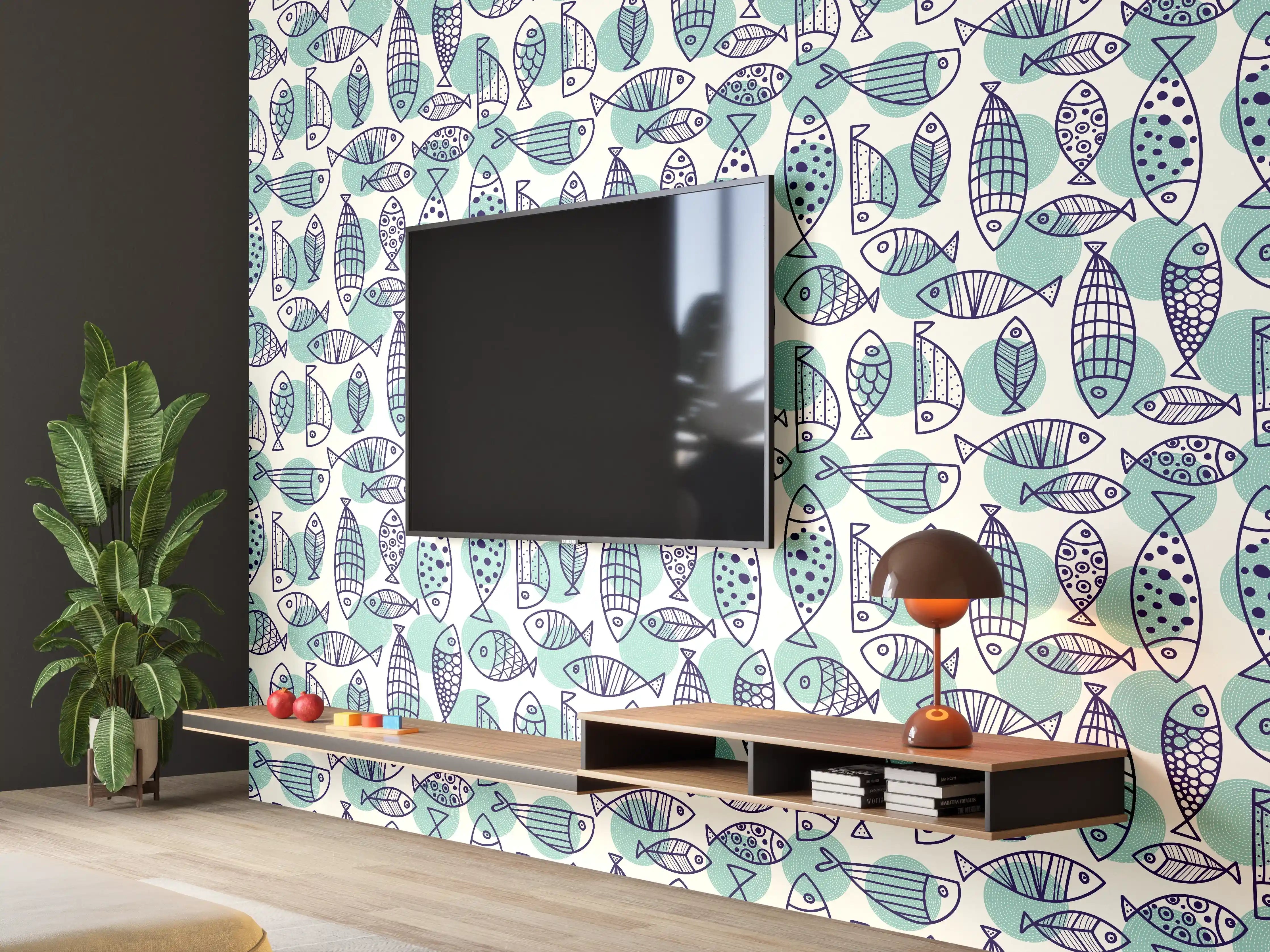 Wandverkleidung Wohnzimmer - Türkis-Blau Fischmuster