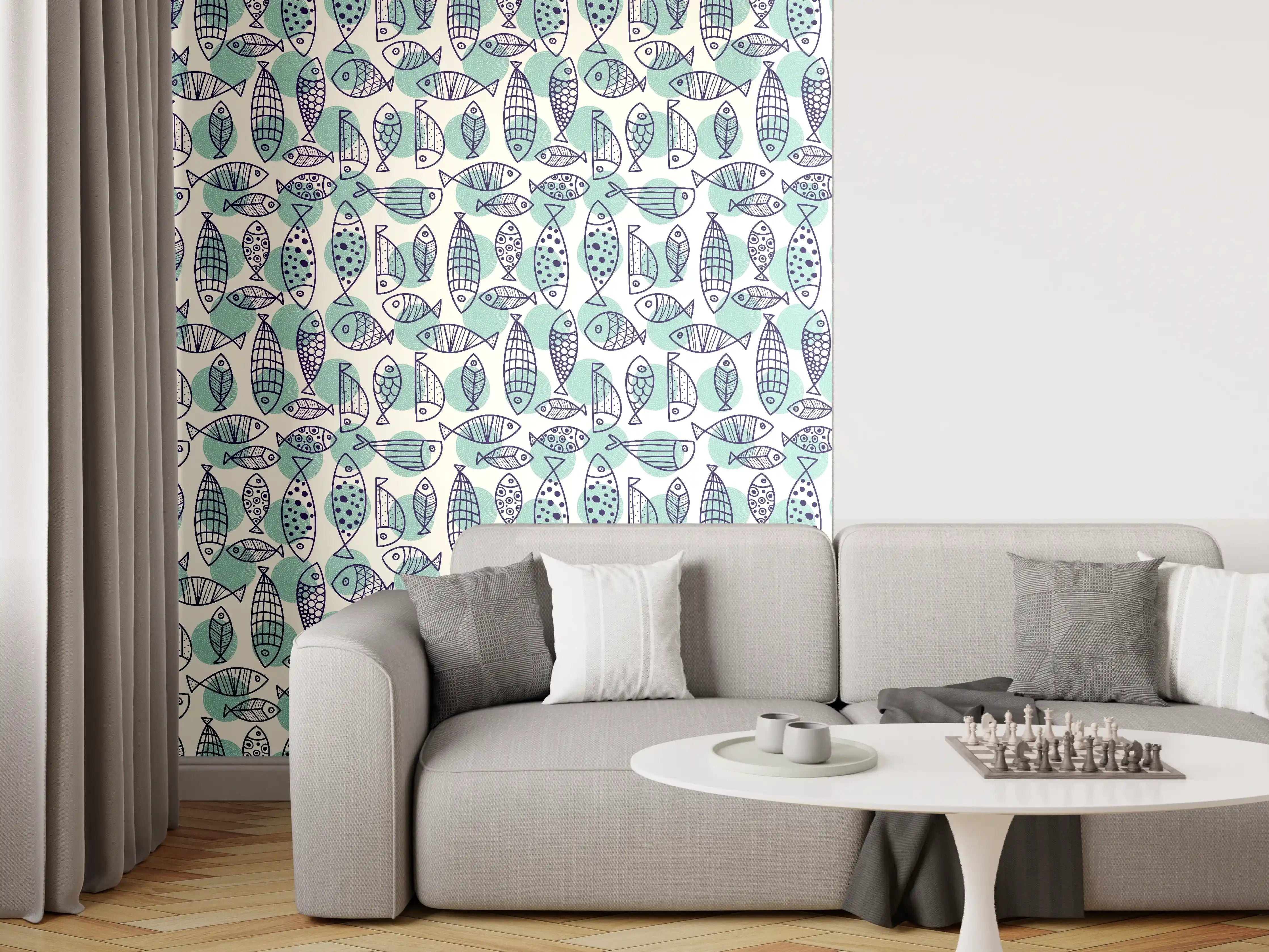 Wandverkleidung Wohnzimmer - Türkis-Blau Fischmuster