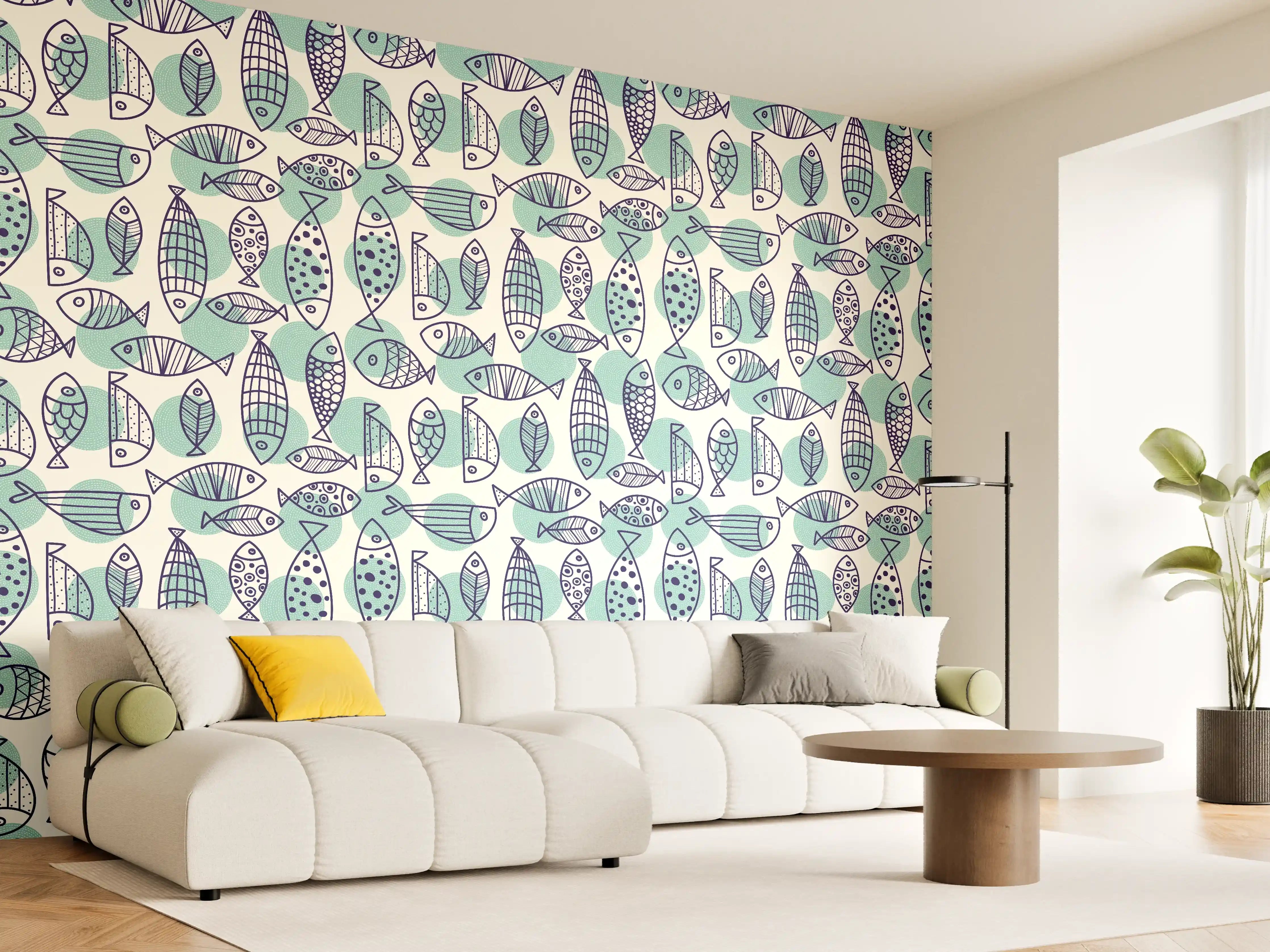 Wandverkleidung Wohnzimmer - Türkis-Blau Fischmuster