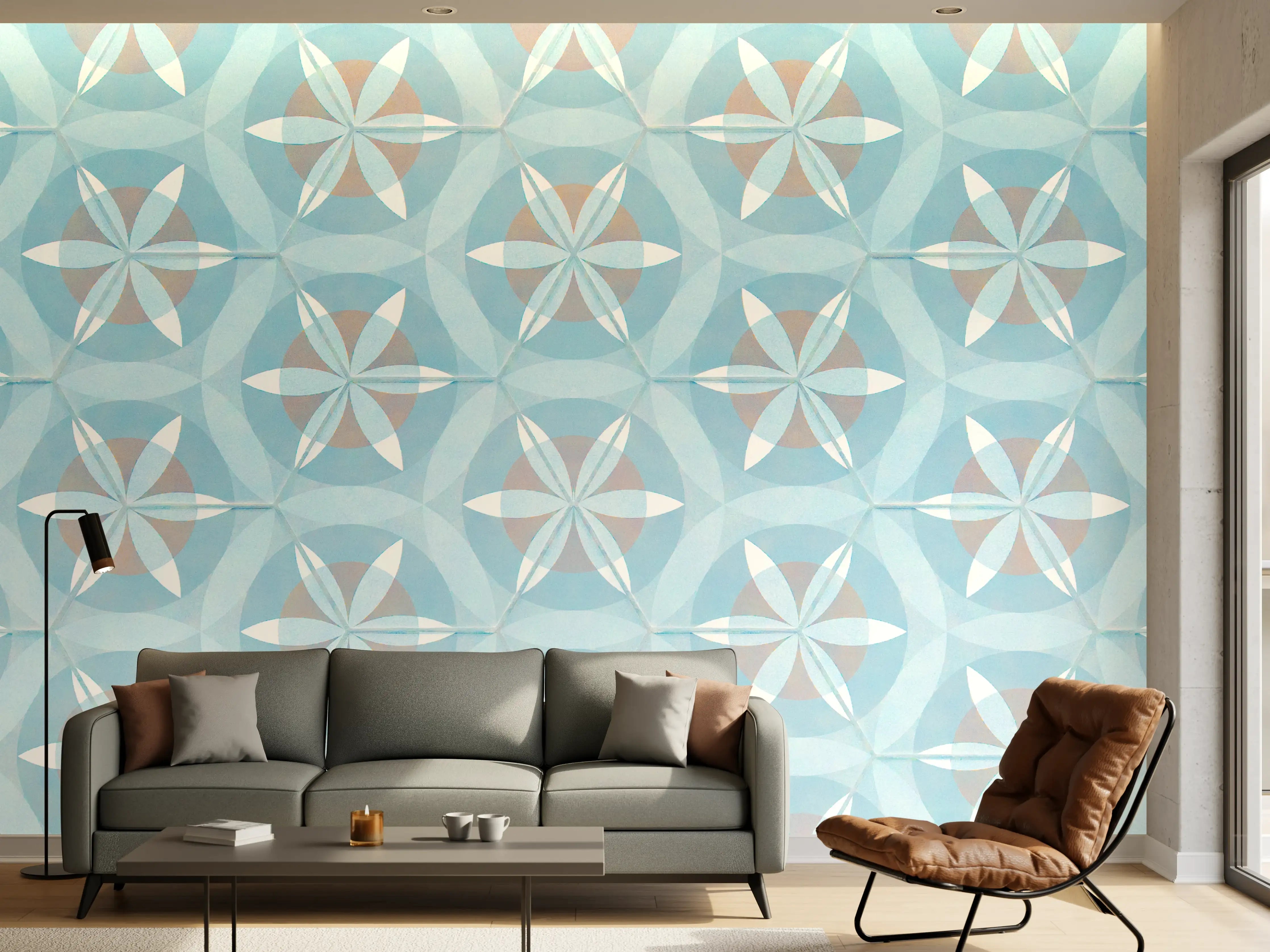 Wandverkleidung Wohnzimmer - Türkis-Braun Vintage geometrisch Mosaik