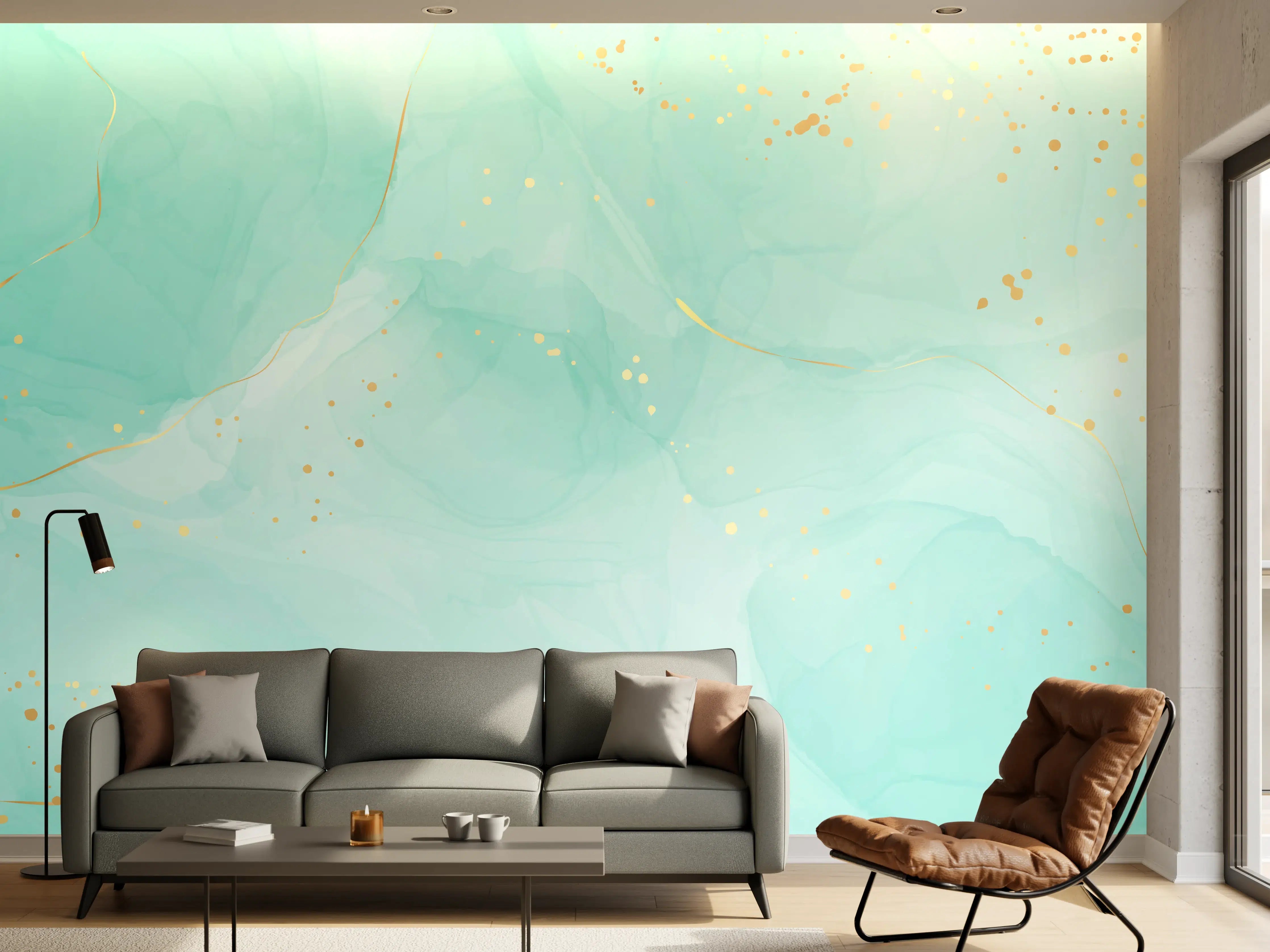 Wandverkleidung Wohnzimmer - Türkis-Goldene Aquarell Textur