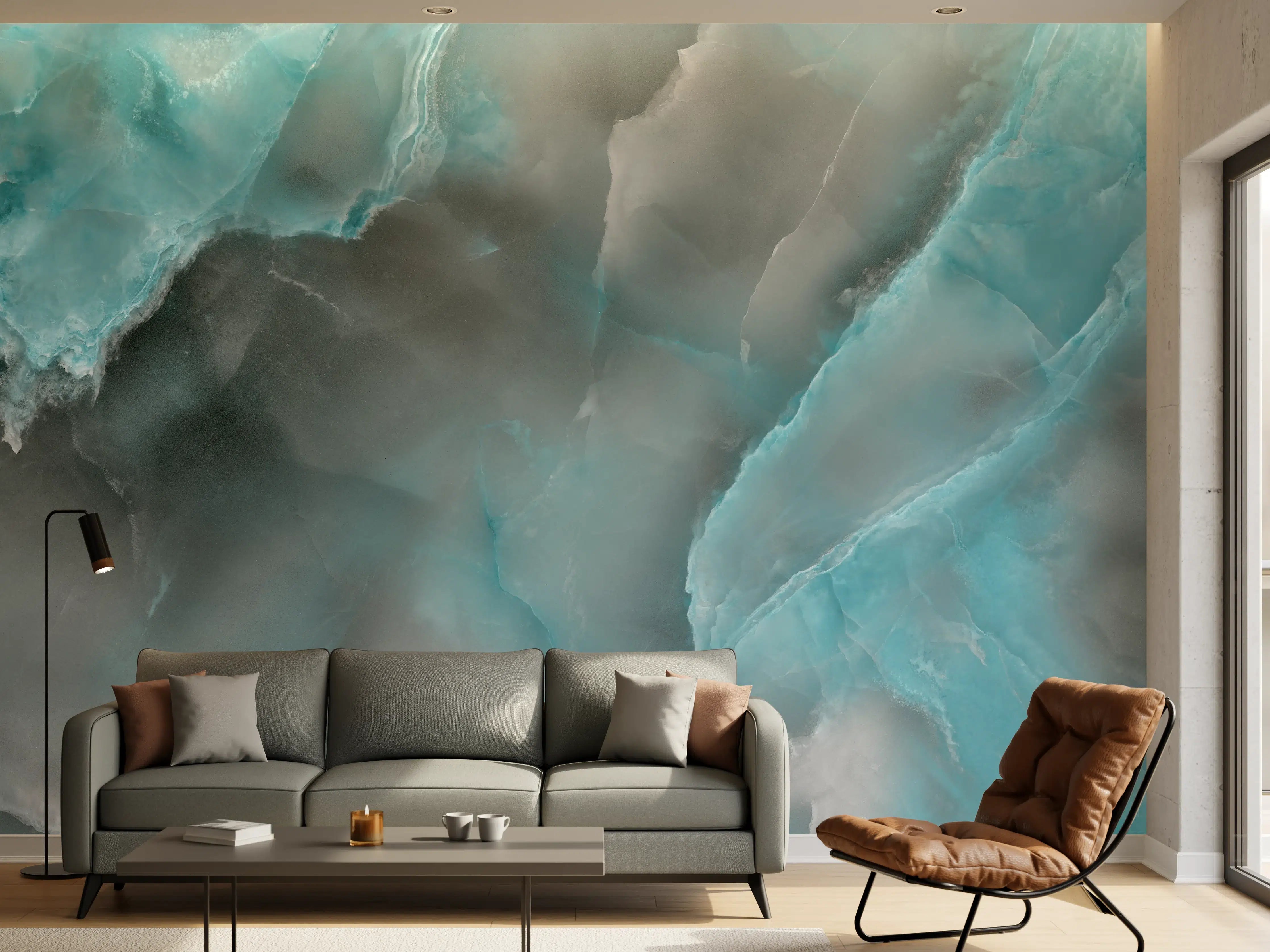 Wandverkleidung Wohnzimmer - Türkis-Grau-Steinmuster