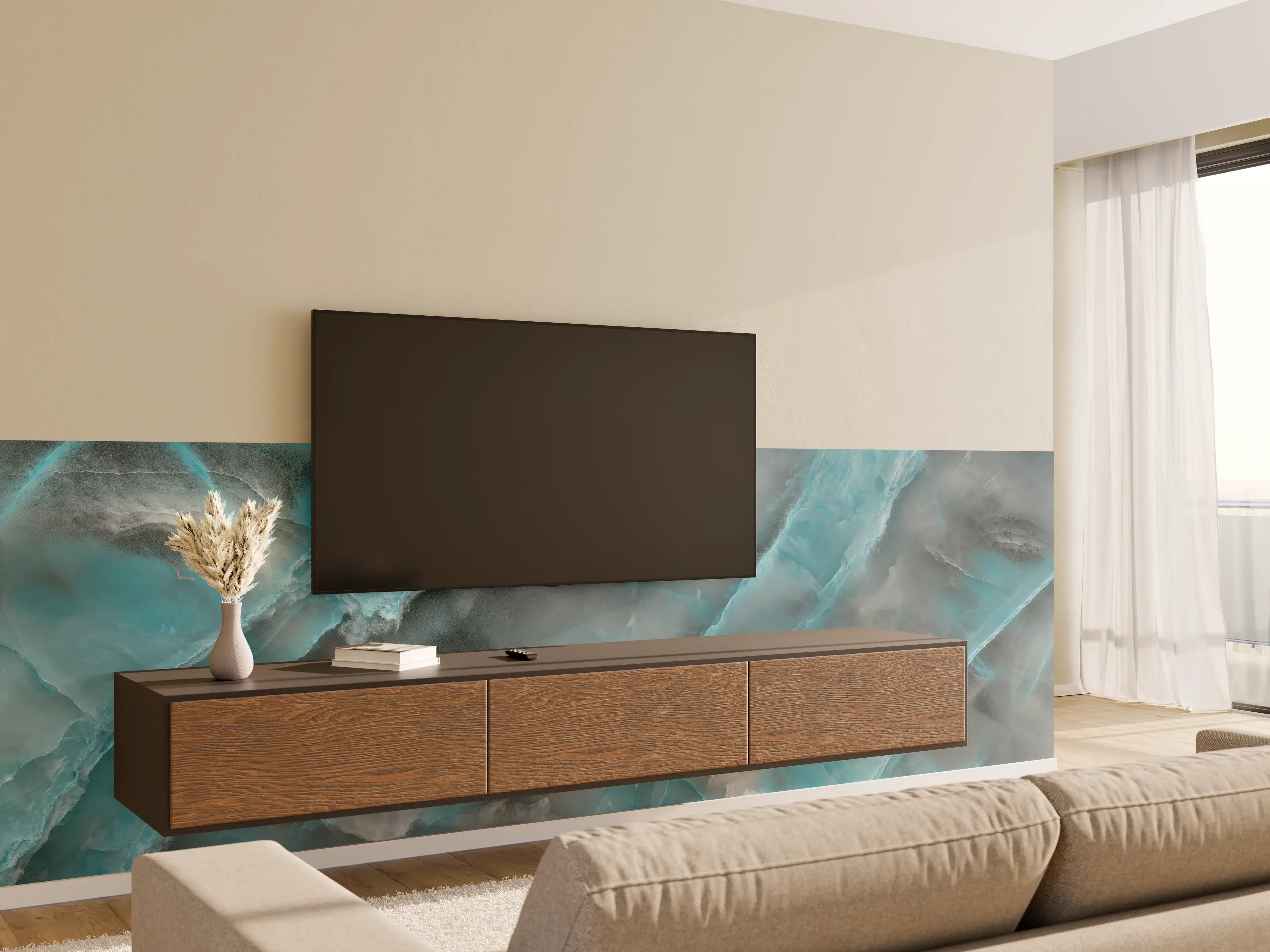 Wandverkleidung Wohnzimmer - Türkis-Grau-Steinmuster