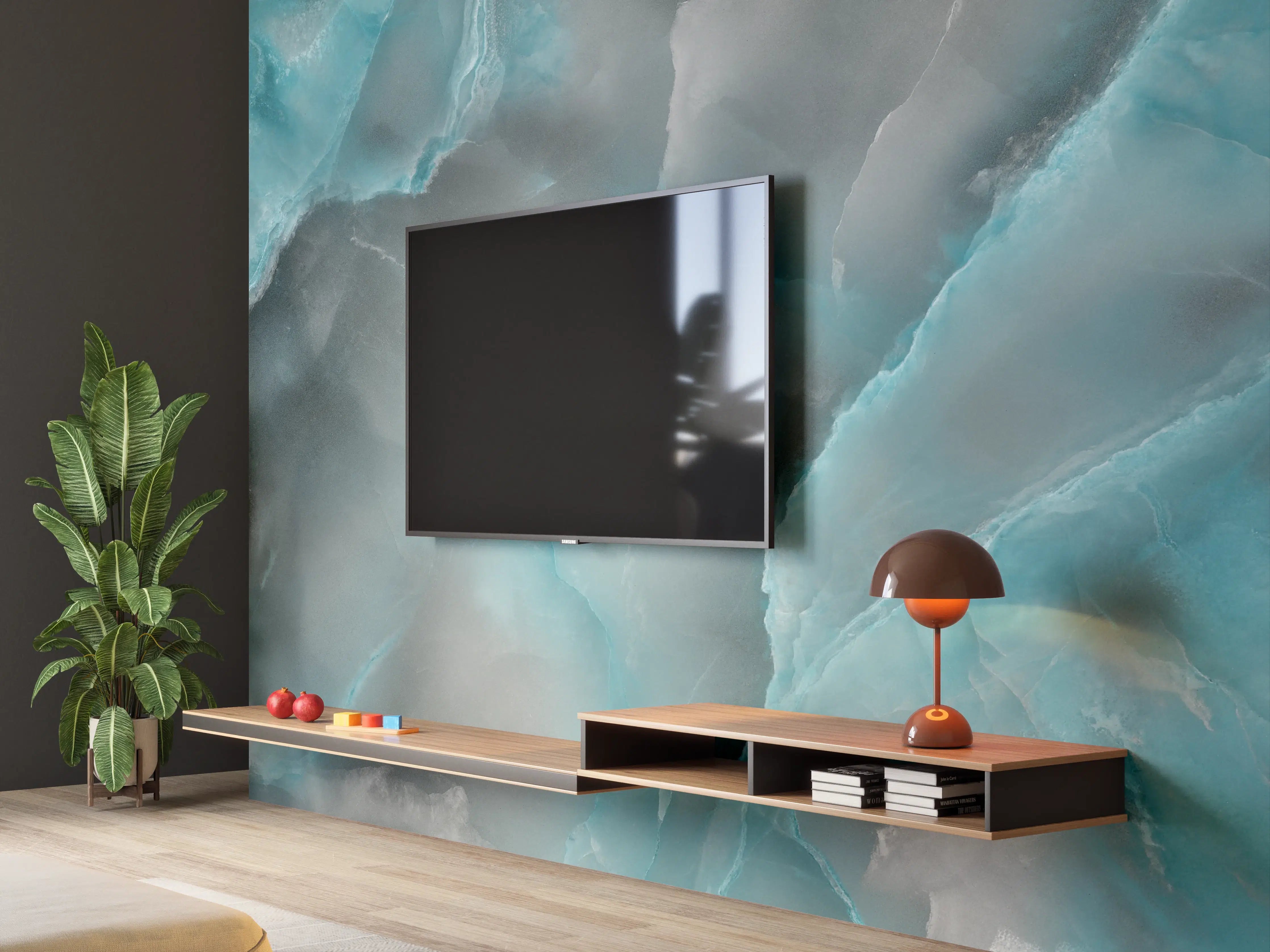 Wandverkleidung Wohnzimmer - Türkis-Grau-Steinmuster