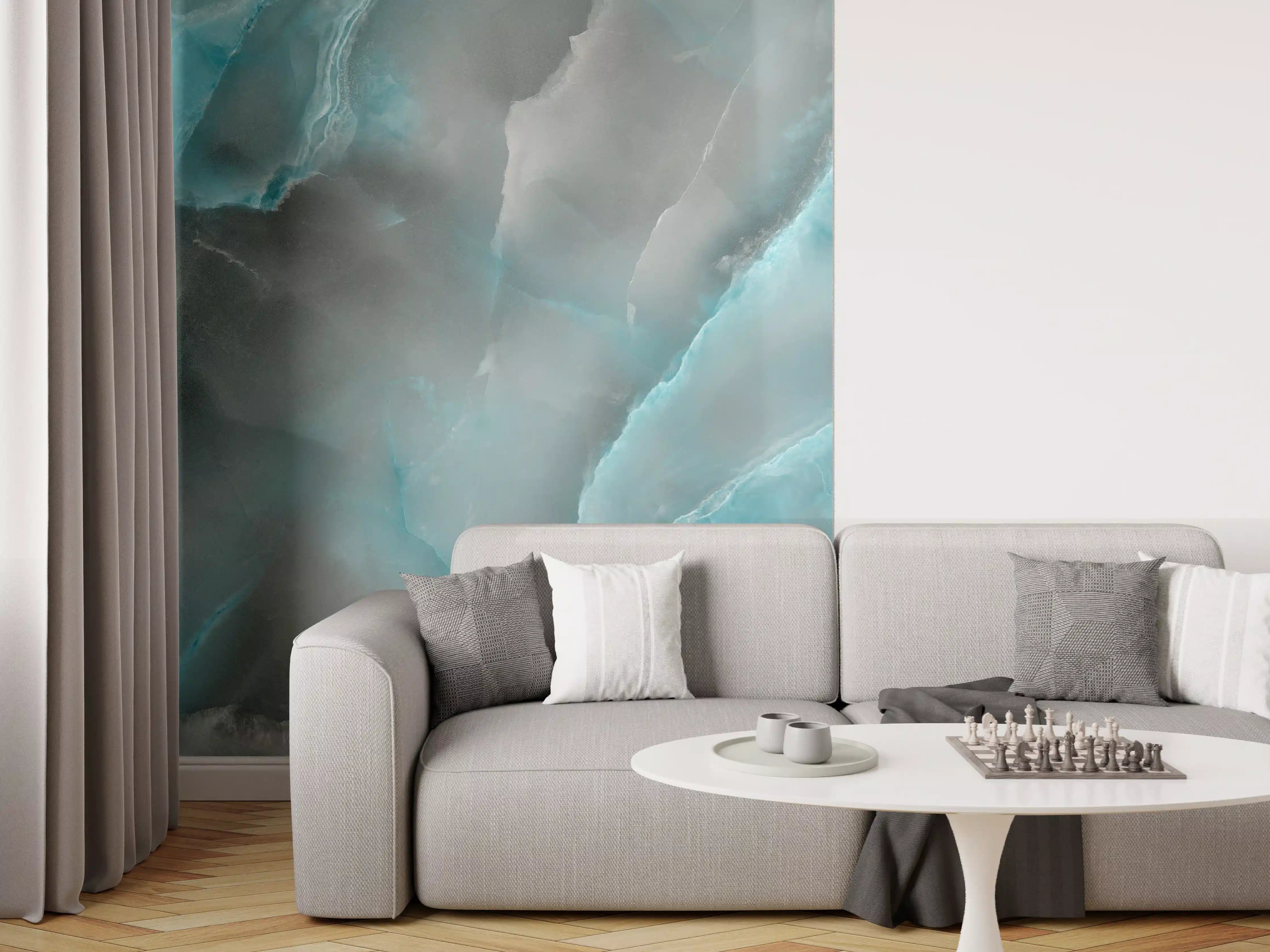 Wandverkleidung Wohnzimmer - Türkis-Grau-Steinmuster