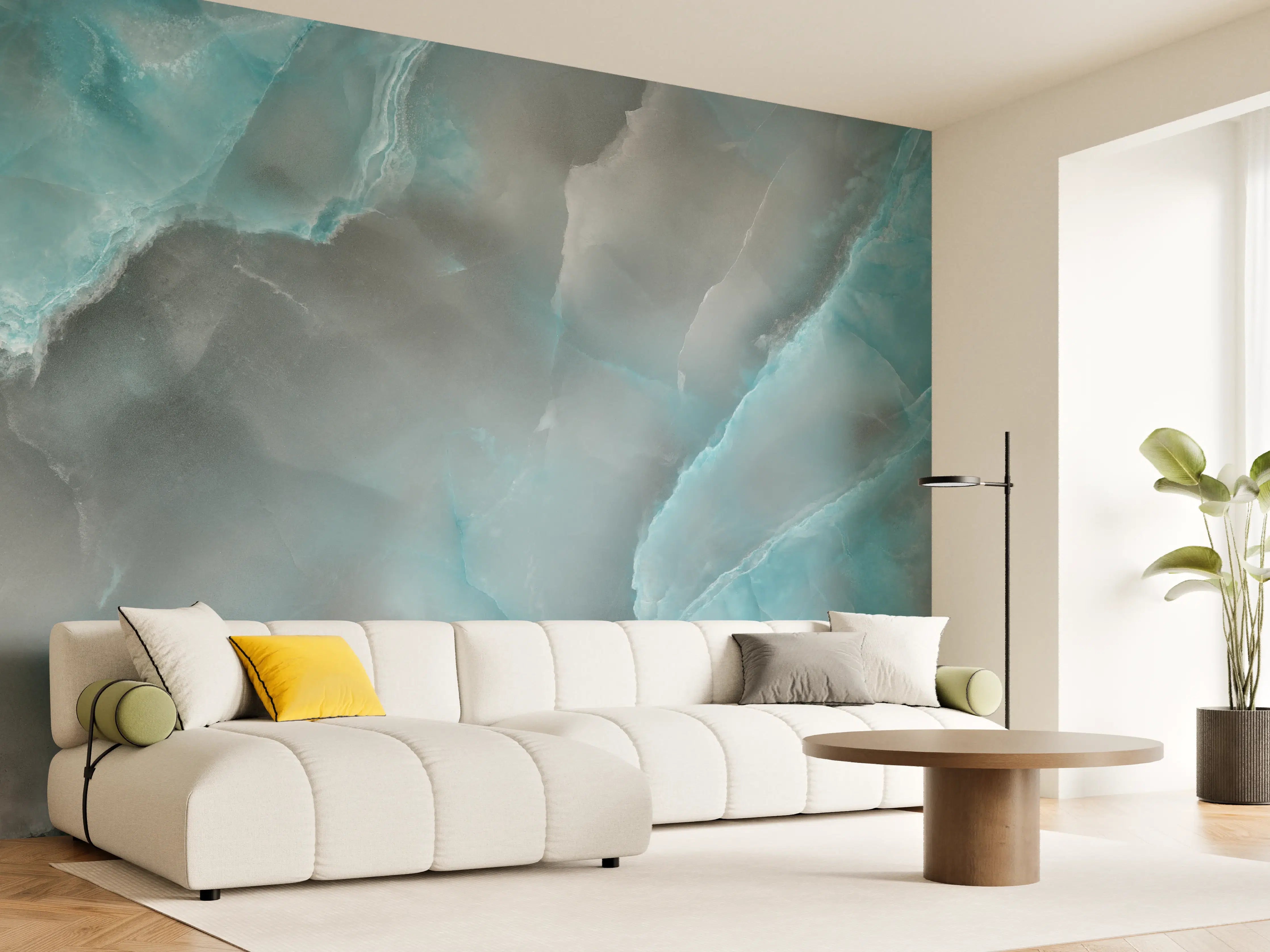 Wandverkleidung Wohnzimmer - Türkis-Grau-Steinmuster