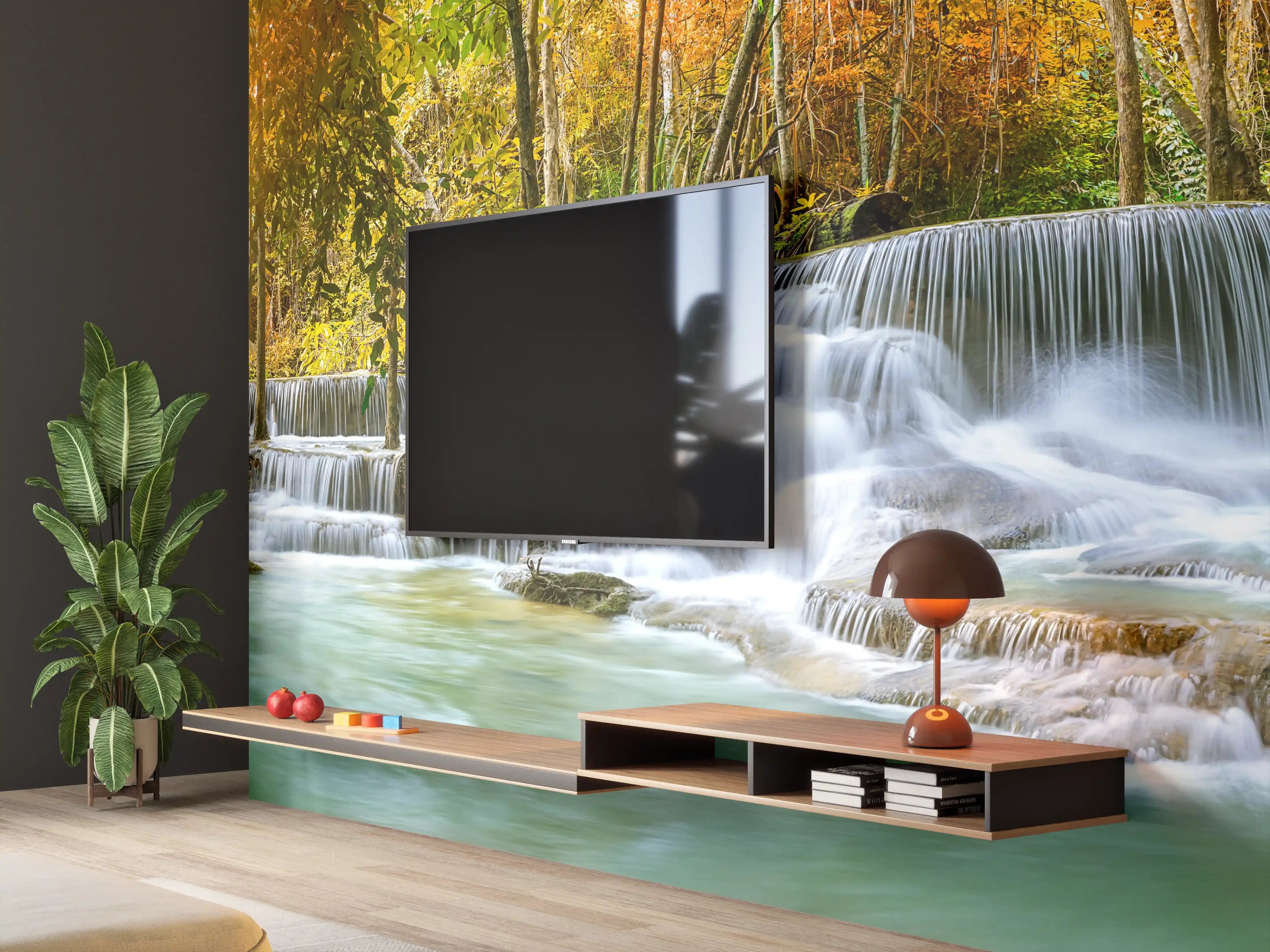 Wandverkleidung Wohnzimmer - Türkis-Grüner Wasserfall im Herbst