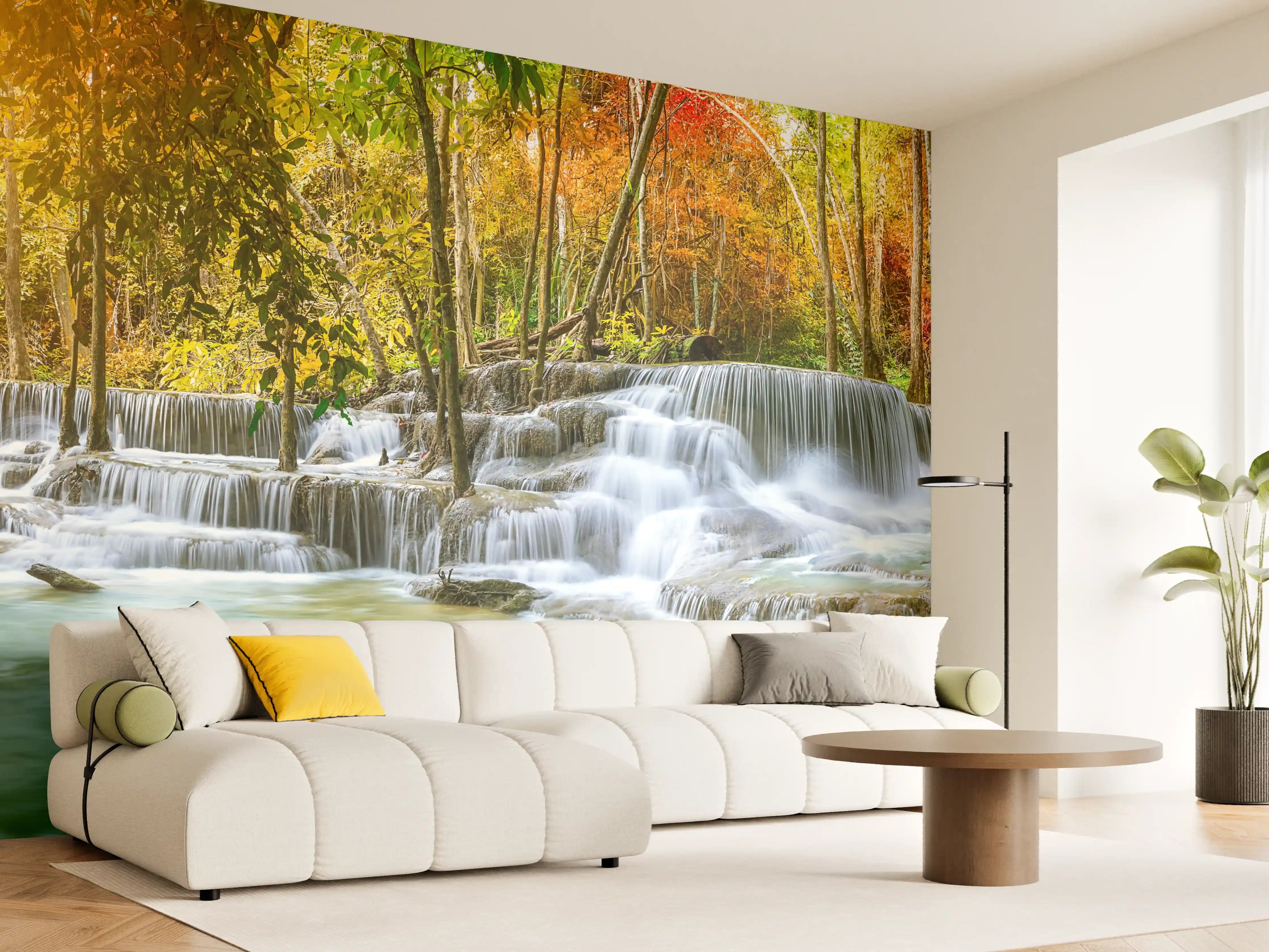 Wandverkleidung Wohnzimmer - Türkis-Grüner Wasserfall im Herbst