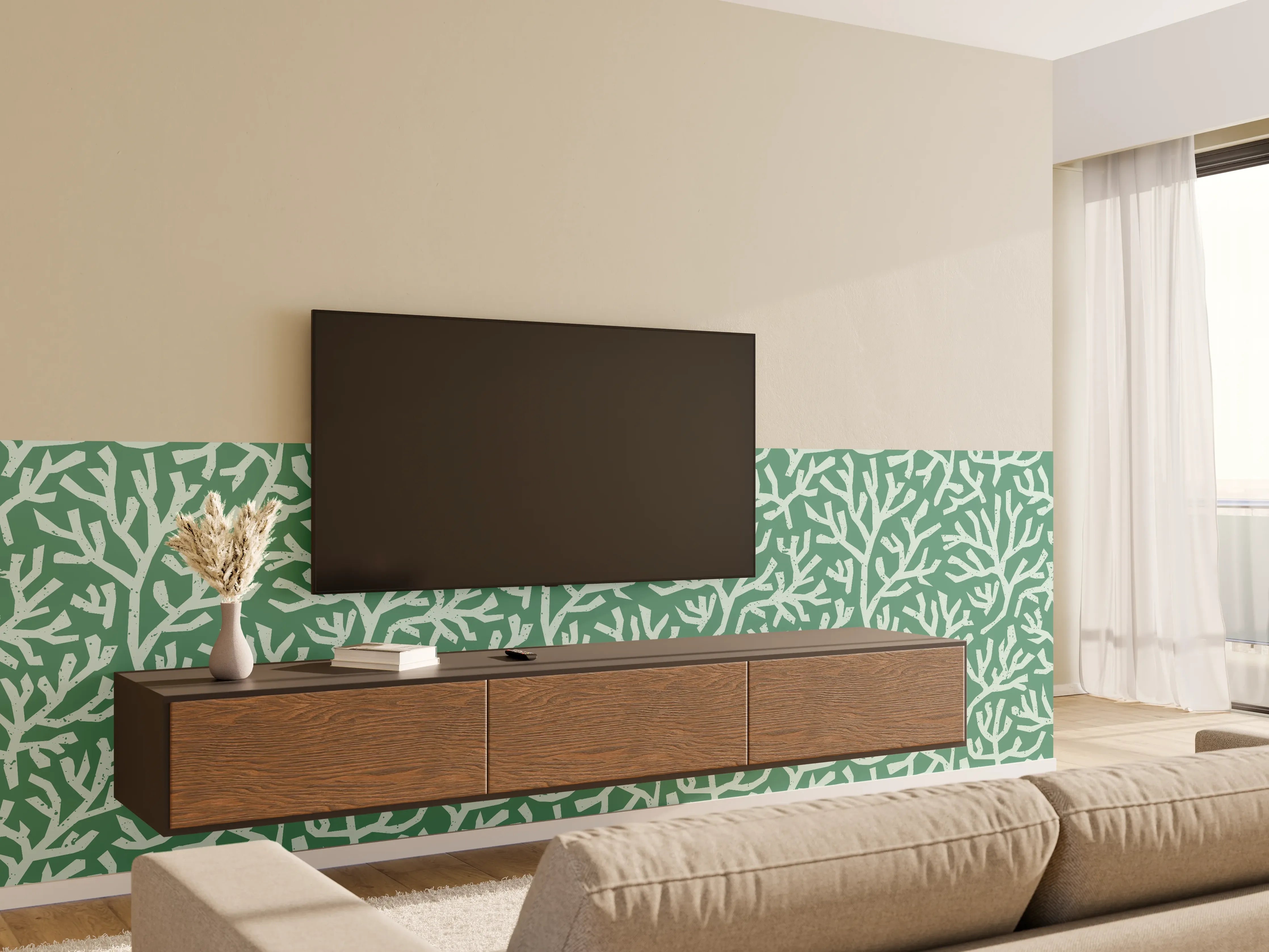 Wandverkleidung Wohnzimmer - Türkis Korallen Minimal-Muster