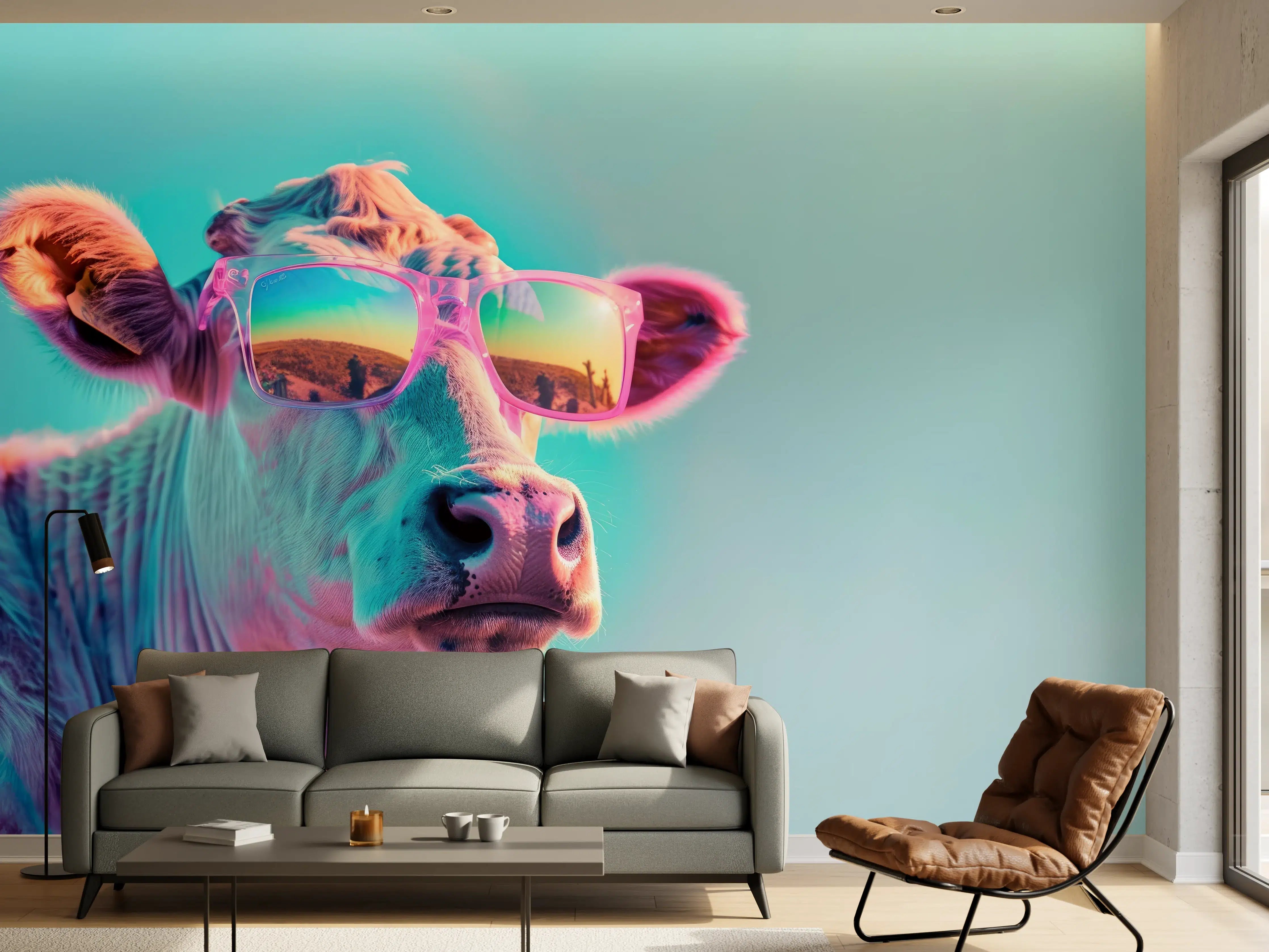 Wandverkleidung Wohnzimmer - Türkis-Pastell-Kuh mit Sonnenbrille
