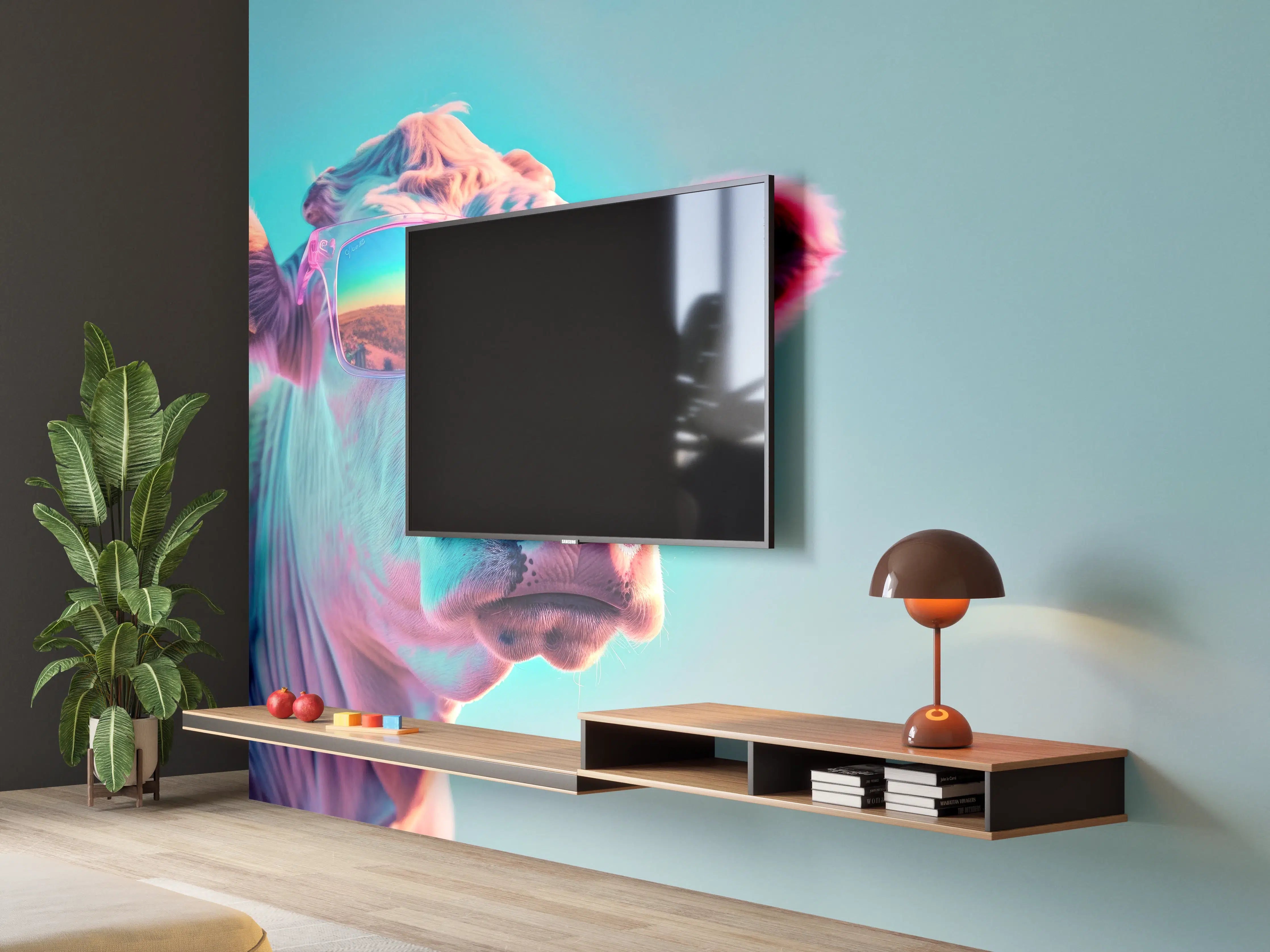 Wandverkleidung Wohnzimmer - Türkis-Pastell-Kuh mit Sonnenbrille