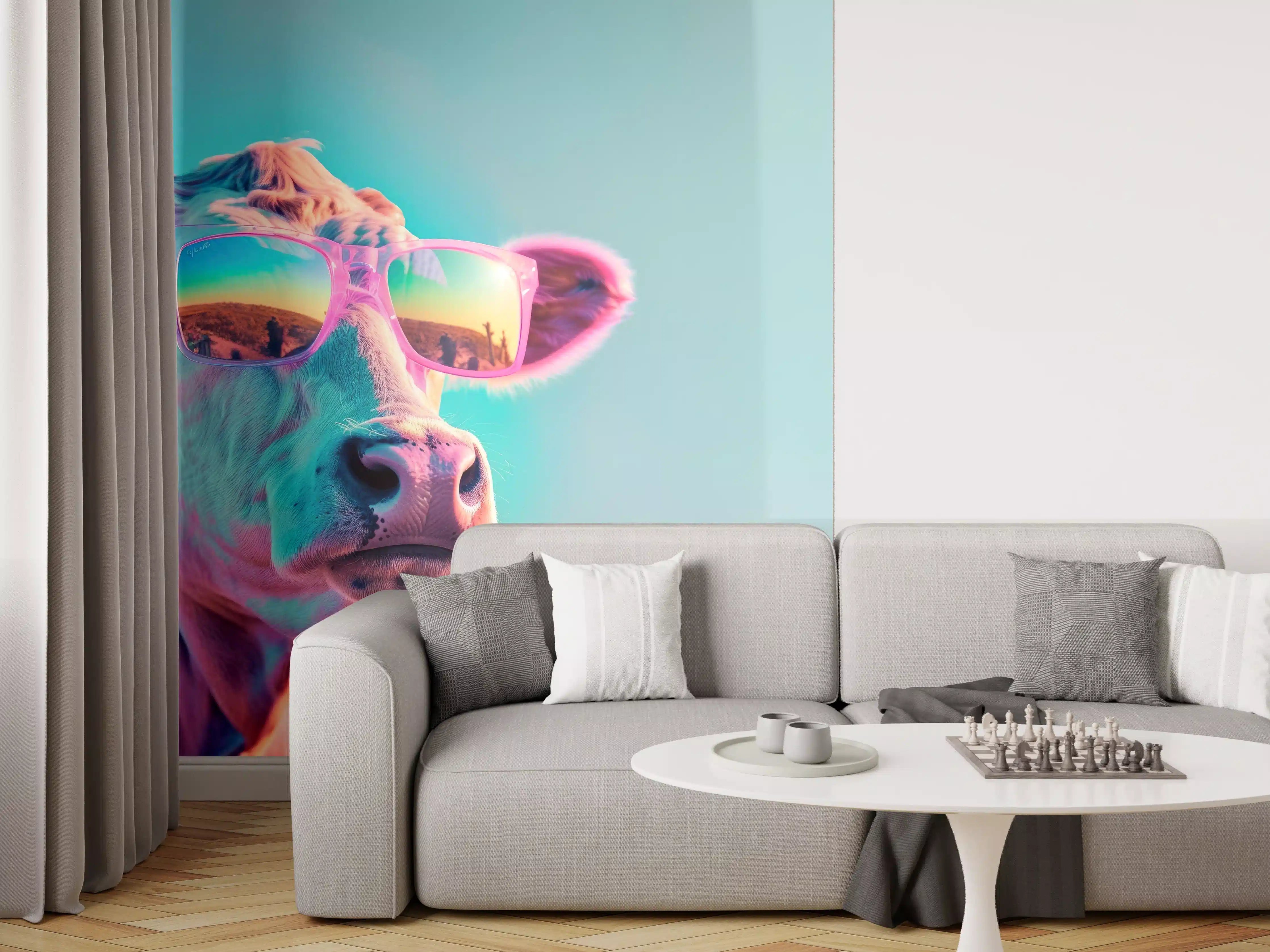 Wandverkleidung Wohnzimmer - Türkis-Pastell-Kuh mit Sonnenbrille