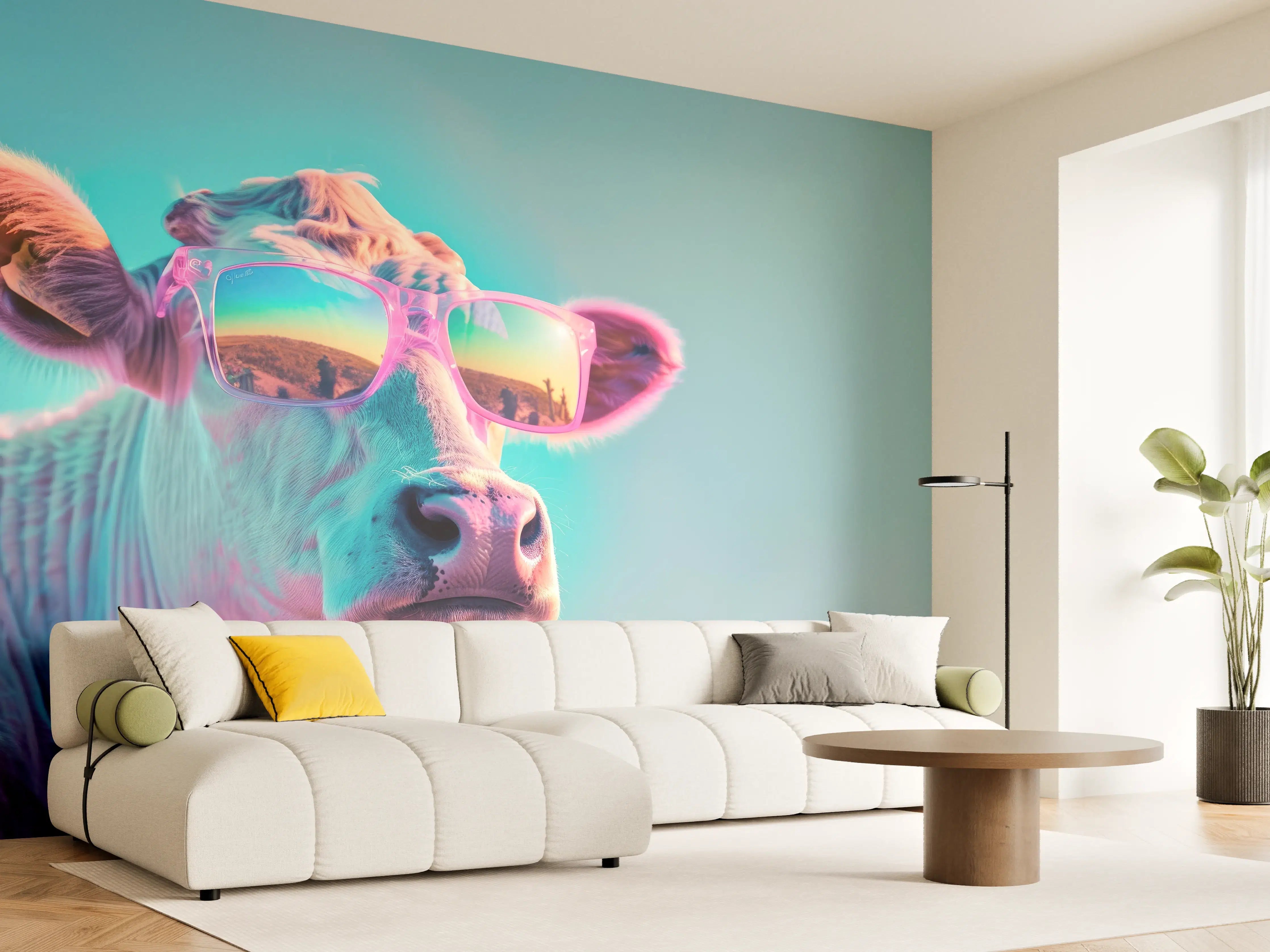 Wandverkleidung Wohnzimmer - Türkis-Pastell-Kuh mit Sonnenbrille