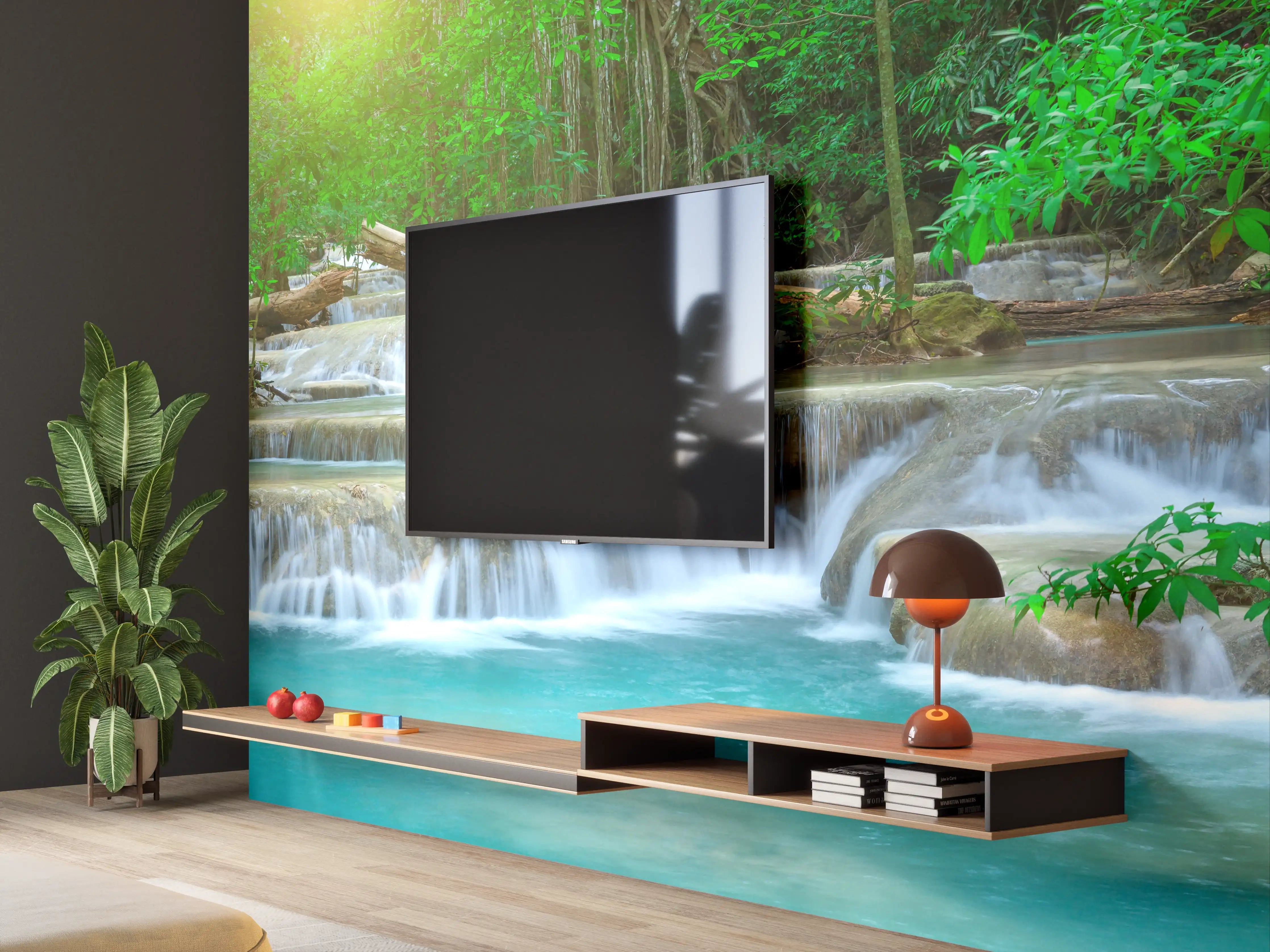 Wandverkleidung Wohnzimmer - Türkis-Wasserfall im grünen Wald