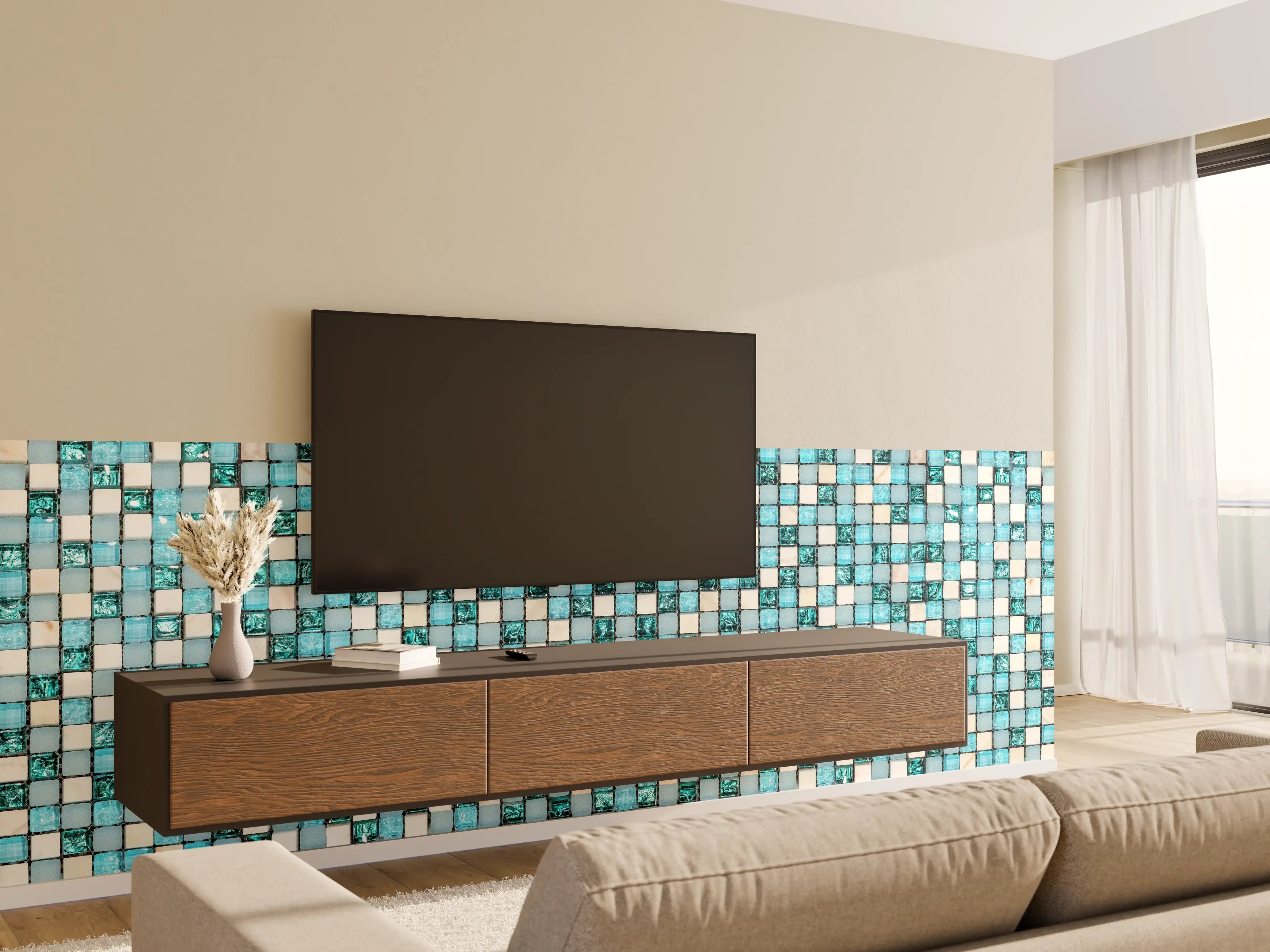 Wandverkleidung Wohnzimmer - Türkis-Weißes Aquamarin Mosaik