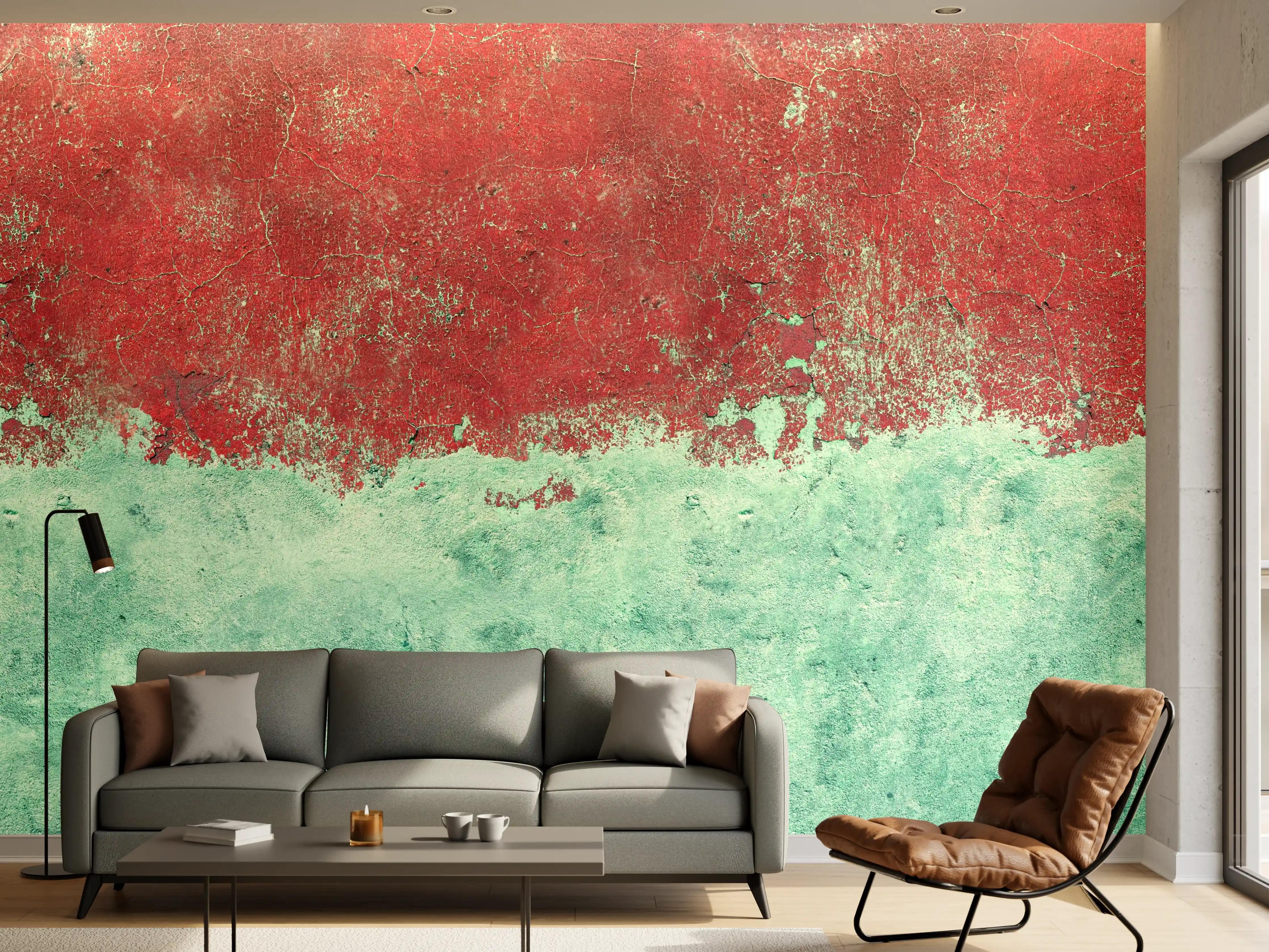Wandverkleidung Wohnzimmer - Türkis-rote Wand im Grunge-Stil