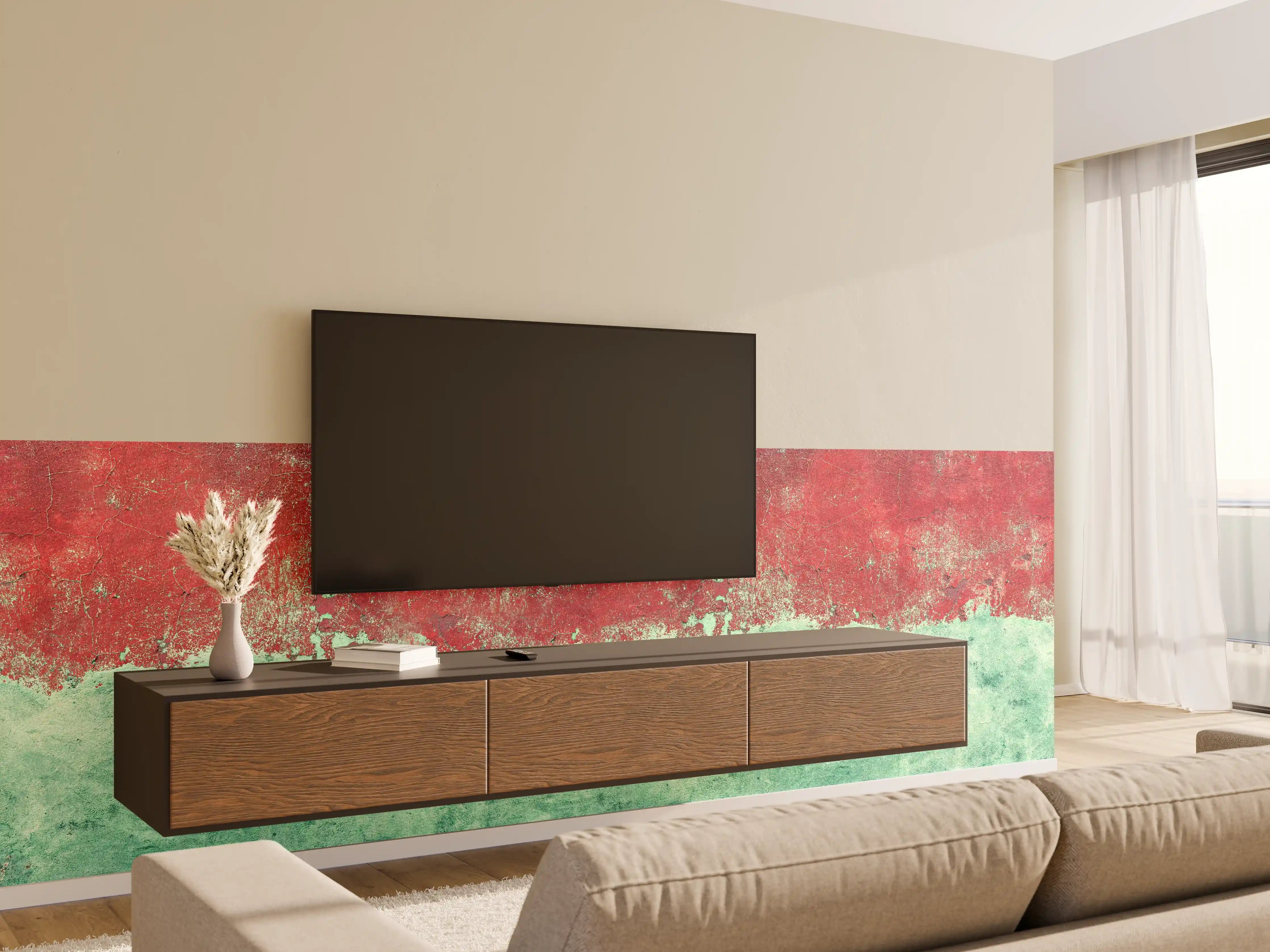 Wandverkleidung Wohnzimmer - Türkis-rote Wand im Grunge-Stil