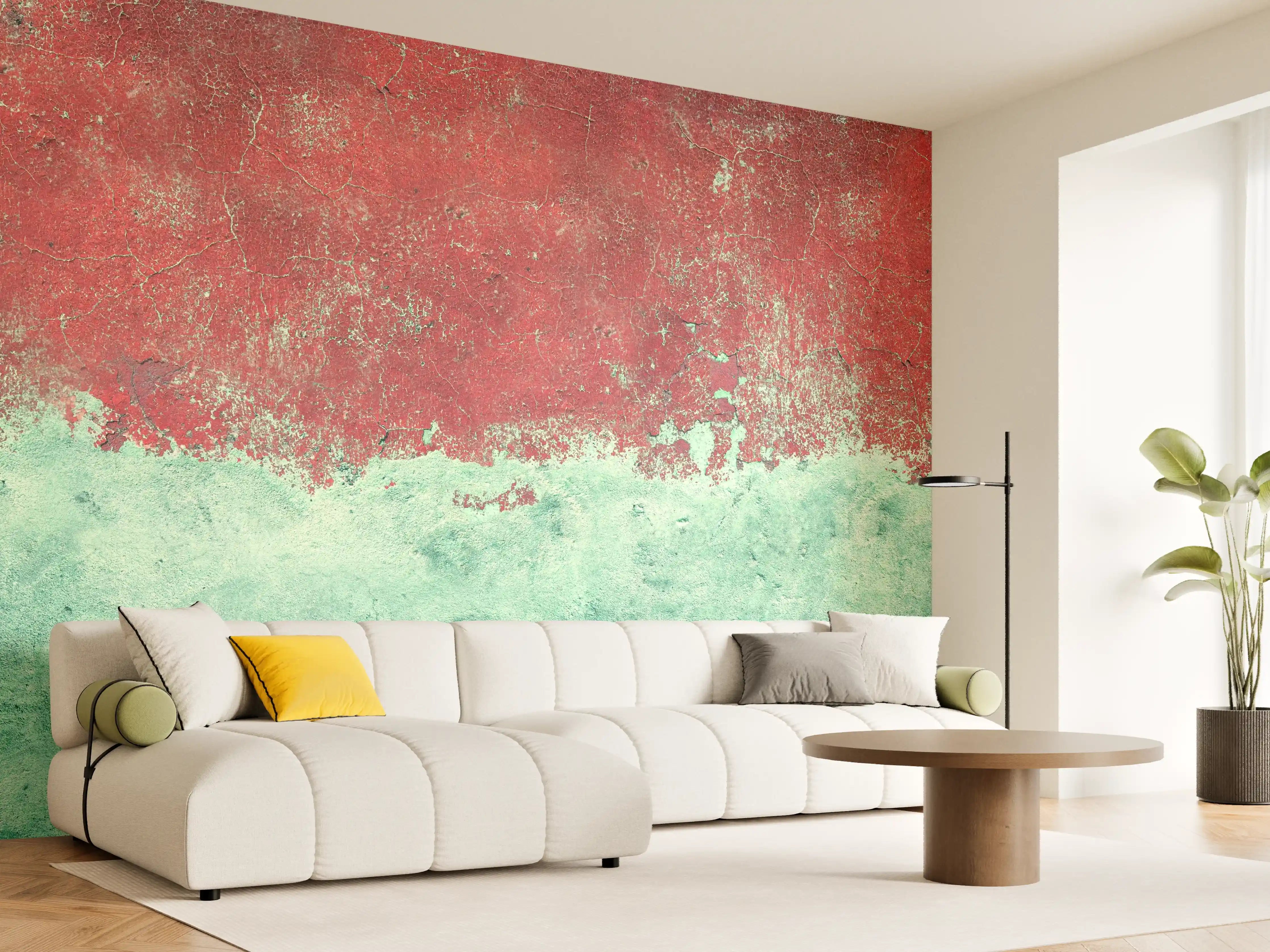Wandverkleidung Wohnzimmer - Türkis-rote Wand im Grunge-Stil