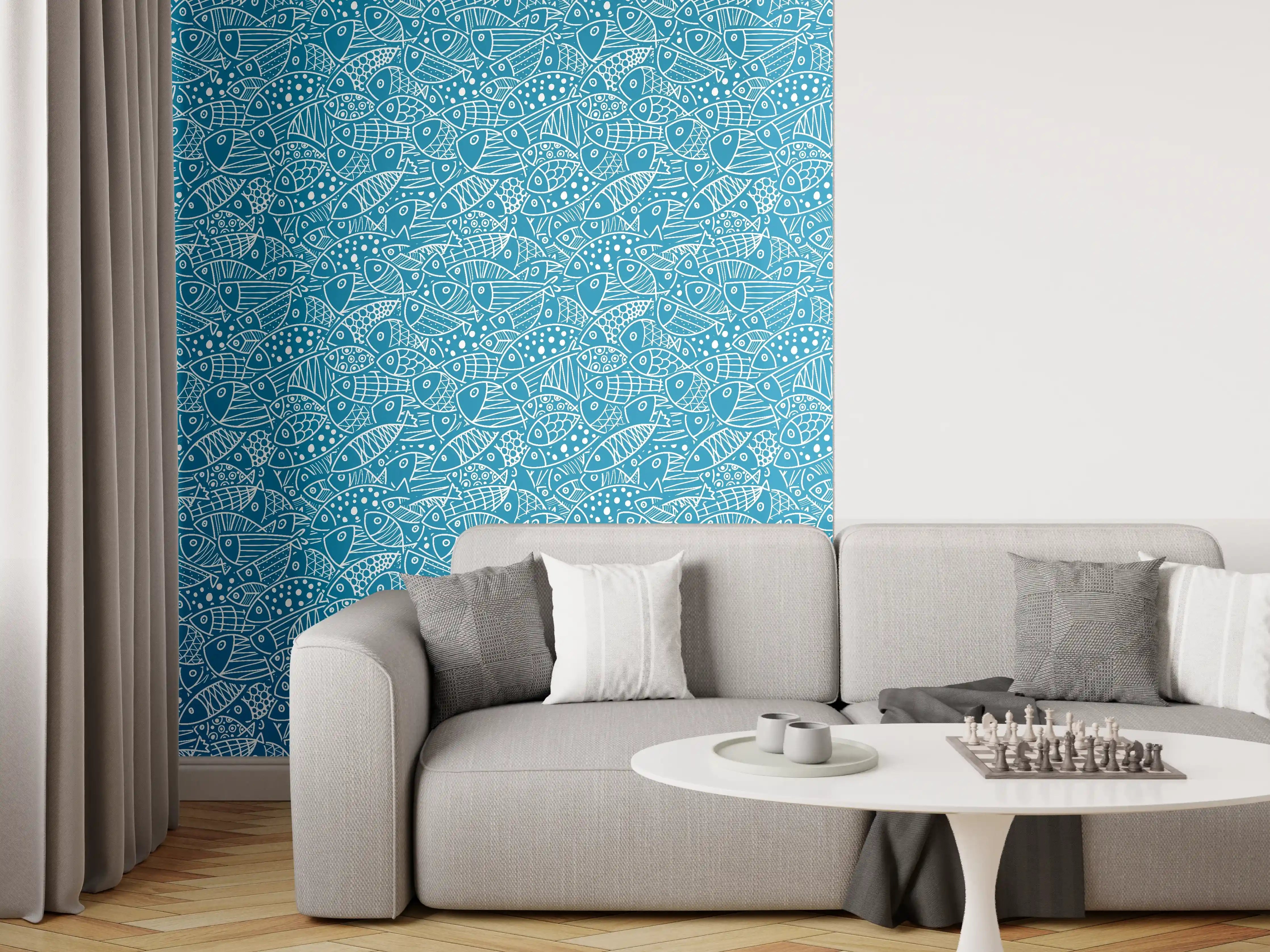 Wandverkleidung Wohnzimmer - Türkis‑Weißes Fischmuster
