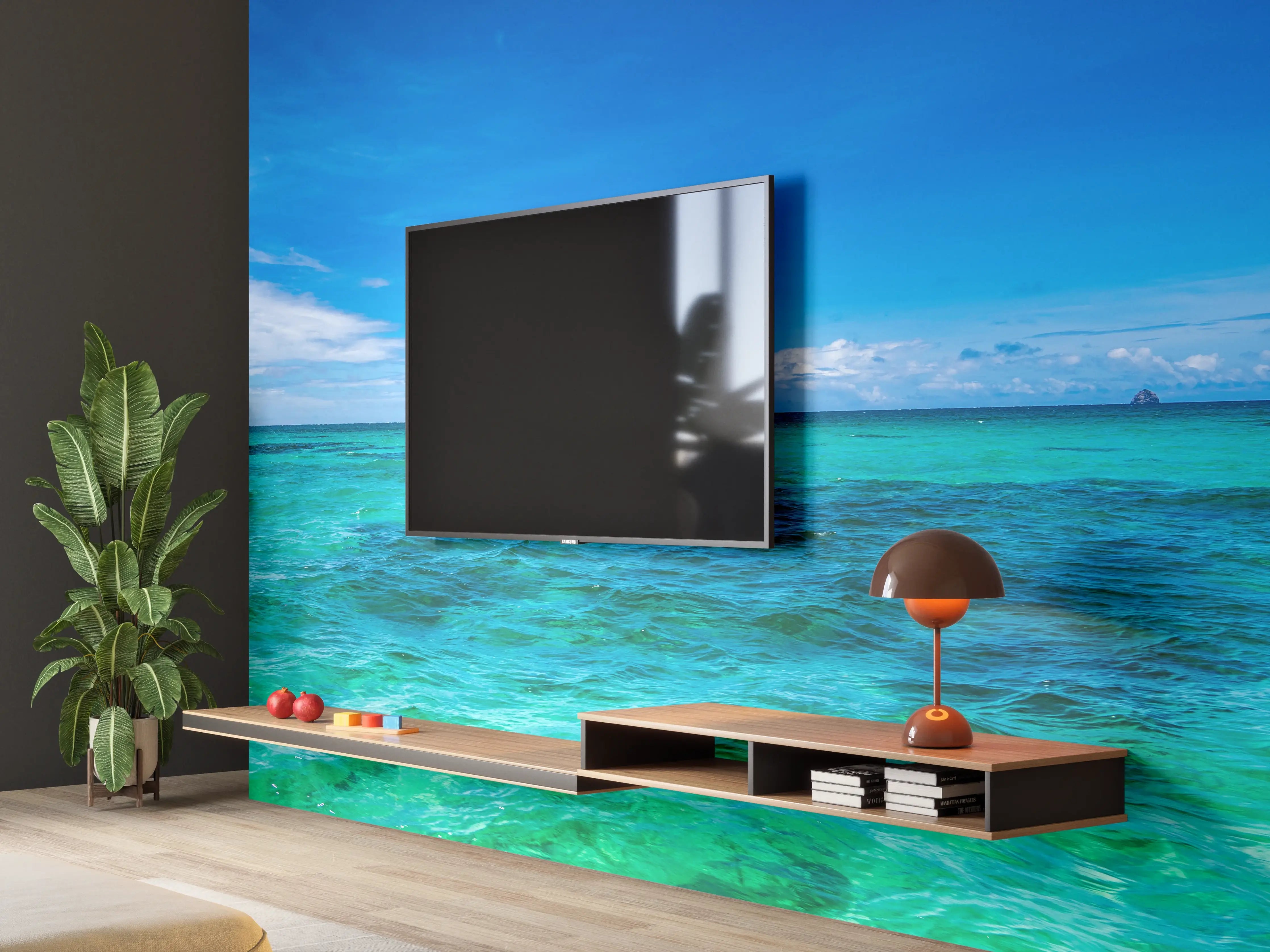 Wandverkleidung Wohnzimmer - Türkisblaues Wasser unter klarem Himmel