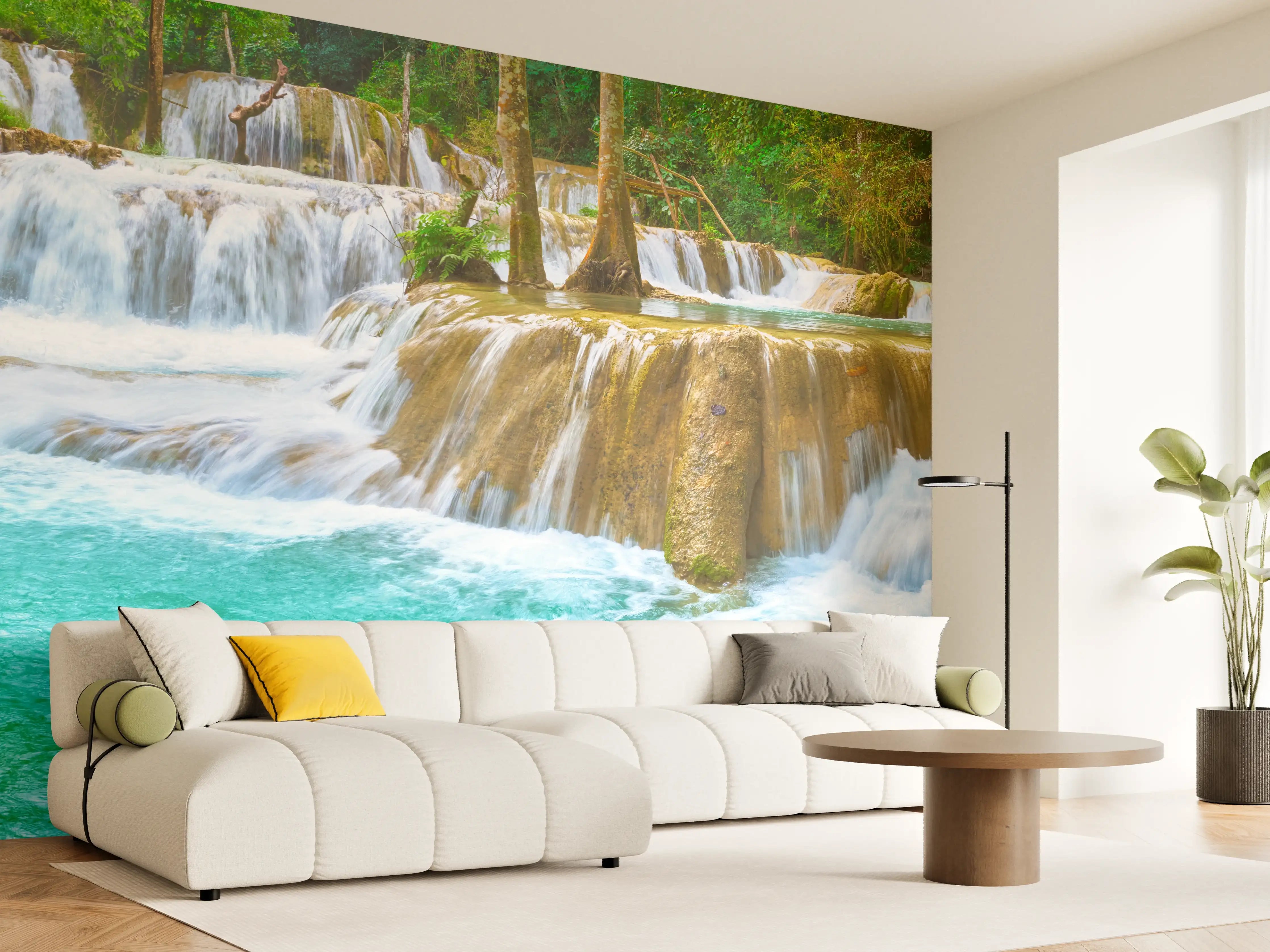 Wandverkleidung Wohnzimmer - Türkisgrüner Stufen-Wasserfall