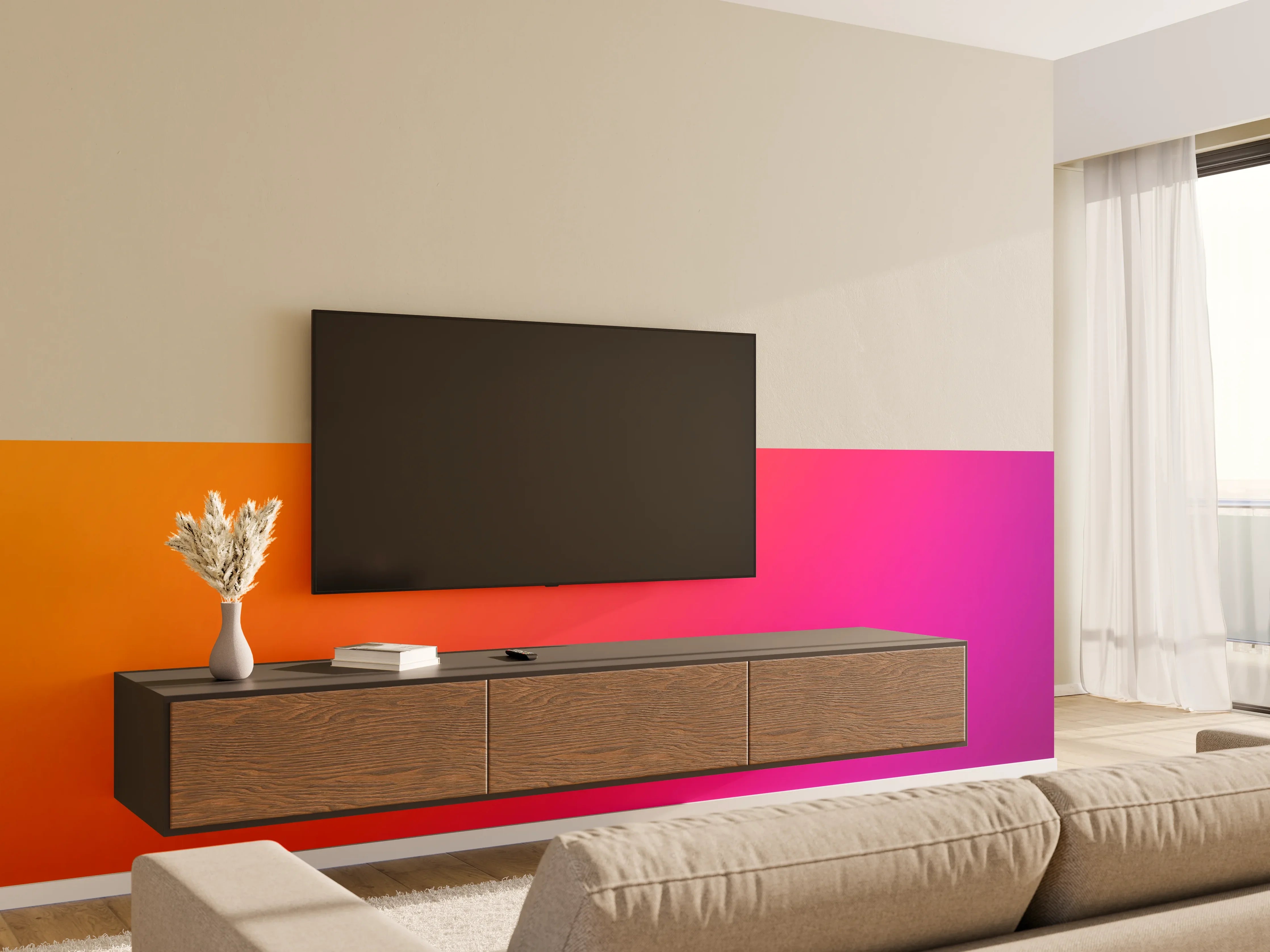 Wandverkleidung Wohnzimmer - Übergang von orange zu lila