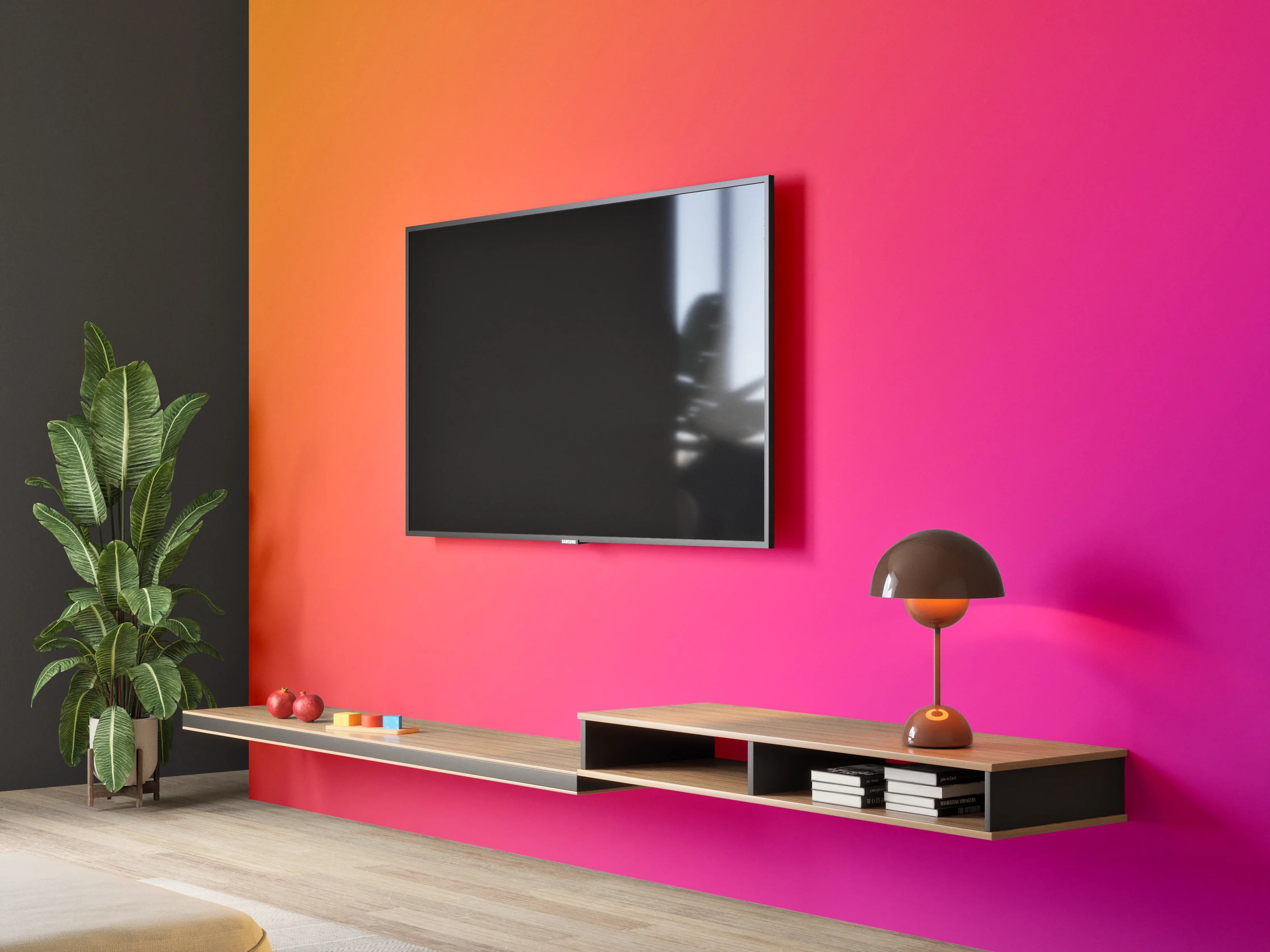 Wandverkleidung Wohnzimmer - Übergang von orange zu lila