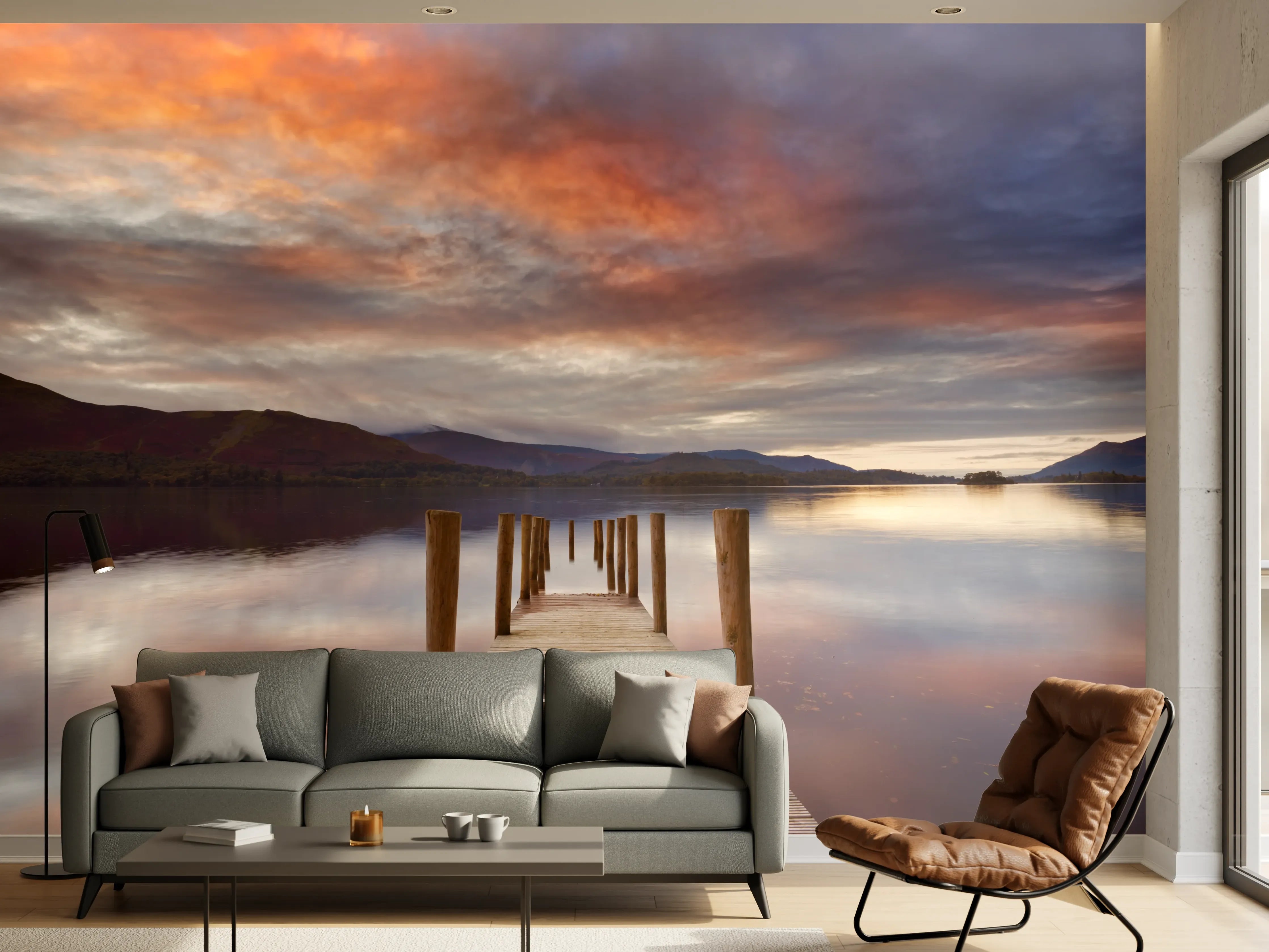 Wandverkleidung Wohnzimmer - Überschwemmter Steg in Derwent Water