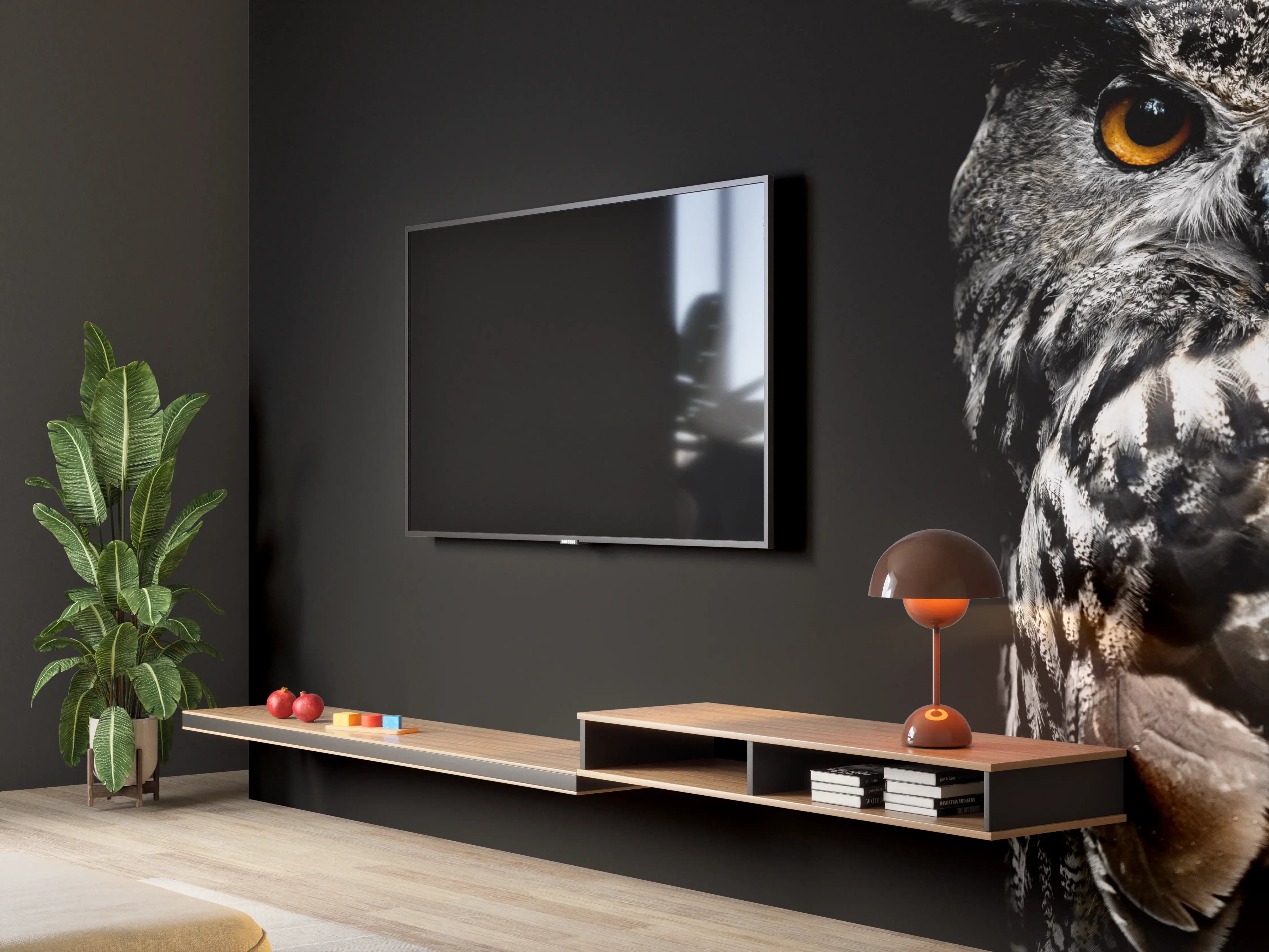 Wandverkleidung Wohnzimmer - Uhu auf schwarzem Hintergrund